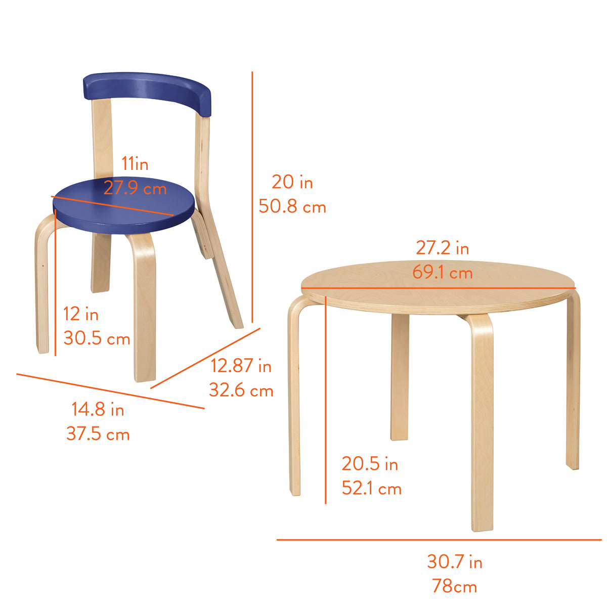 Natural wood bentwood chair with blue seat and backrest, and matching oval table with dimensions labeled.