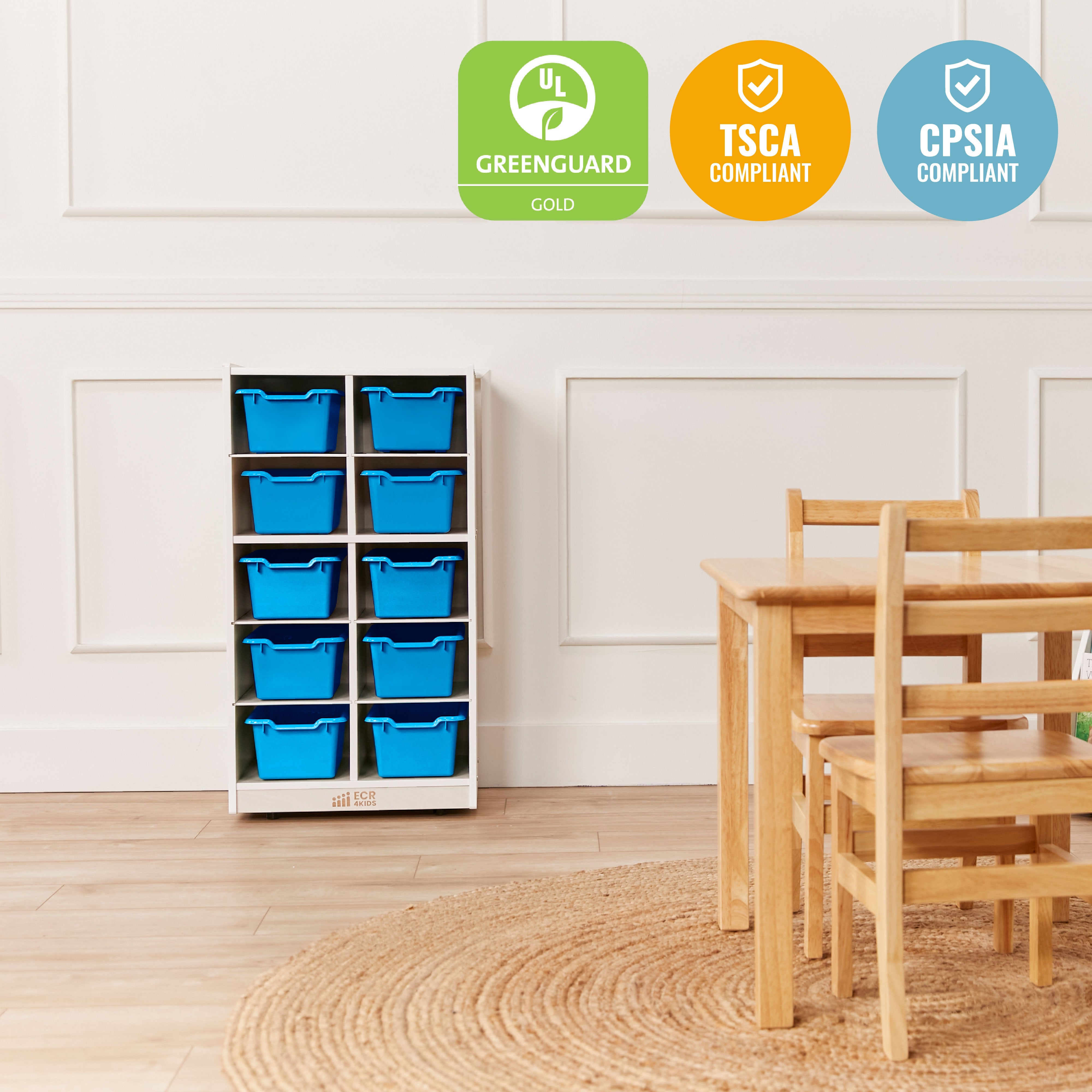 10 Cubby Mobile Tray Cabinet with 10 Scoop Front Storage Bins, 5x2, White Wash