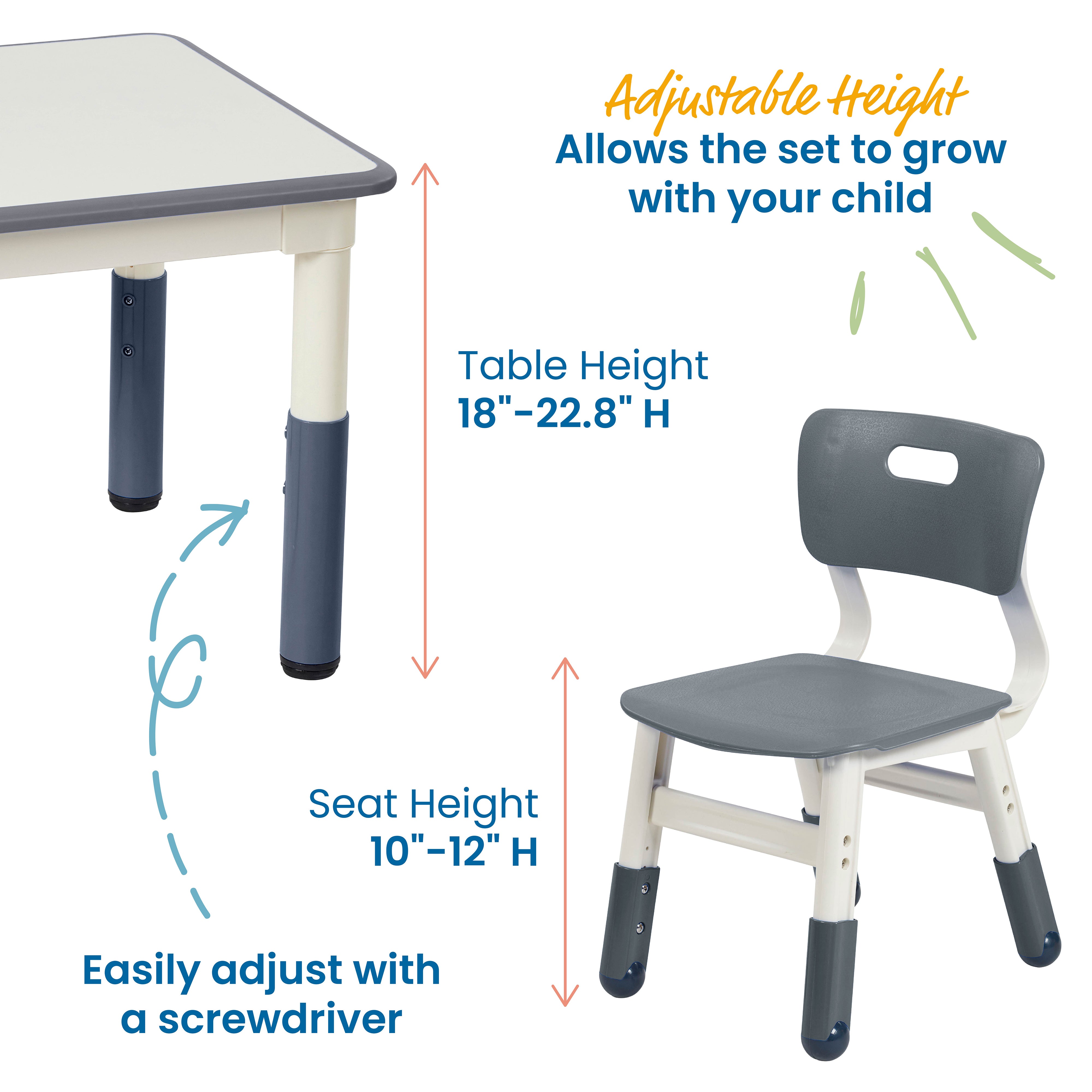 Dry-Erase Rectangular Activity Table with 2 Chairs, Adjustable, 3-Piece