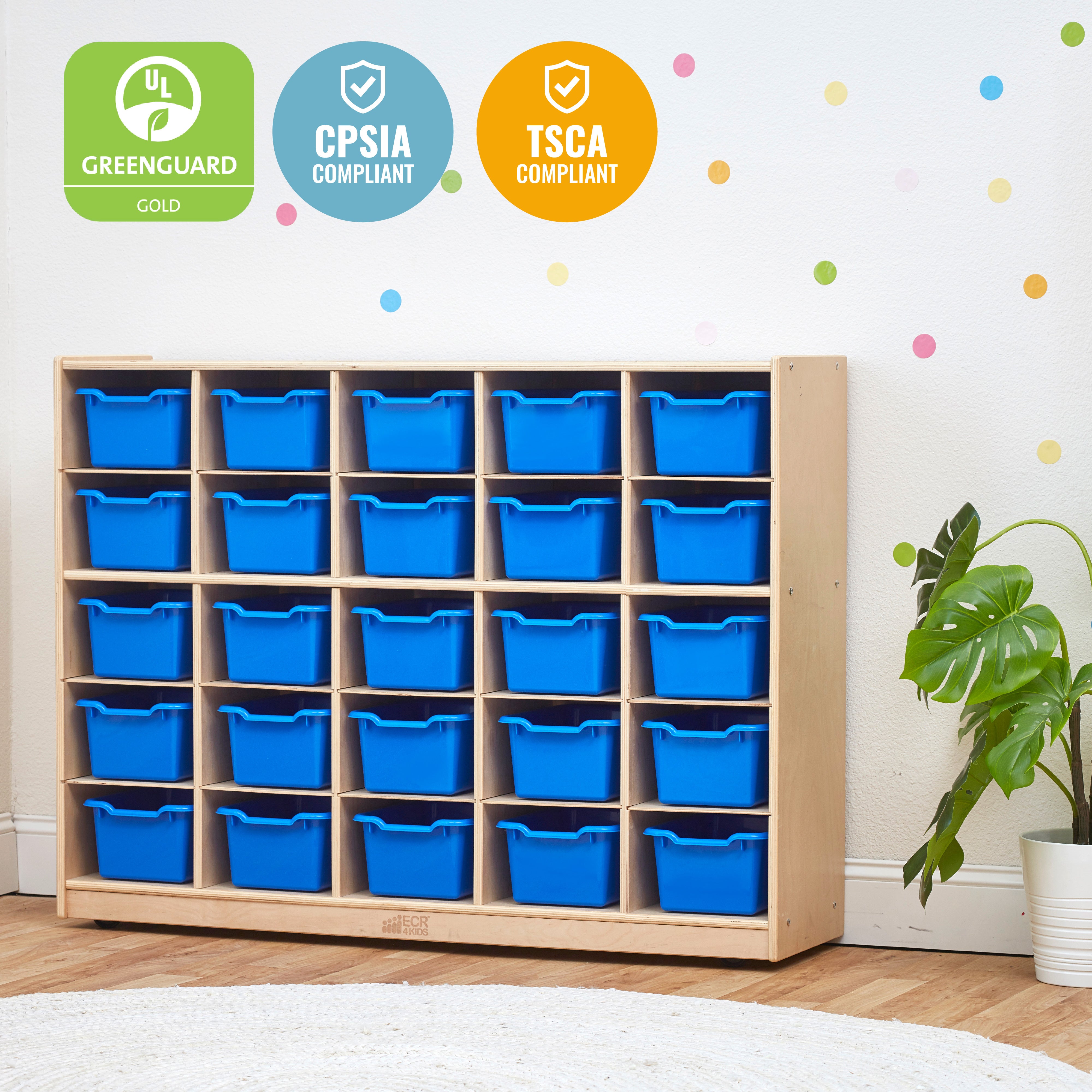 25 Cubby Mobile Tray Cabinet with Scoop Front Storage Bins, Natural