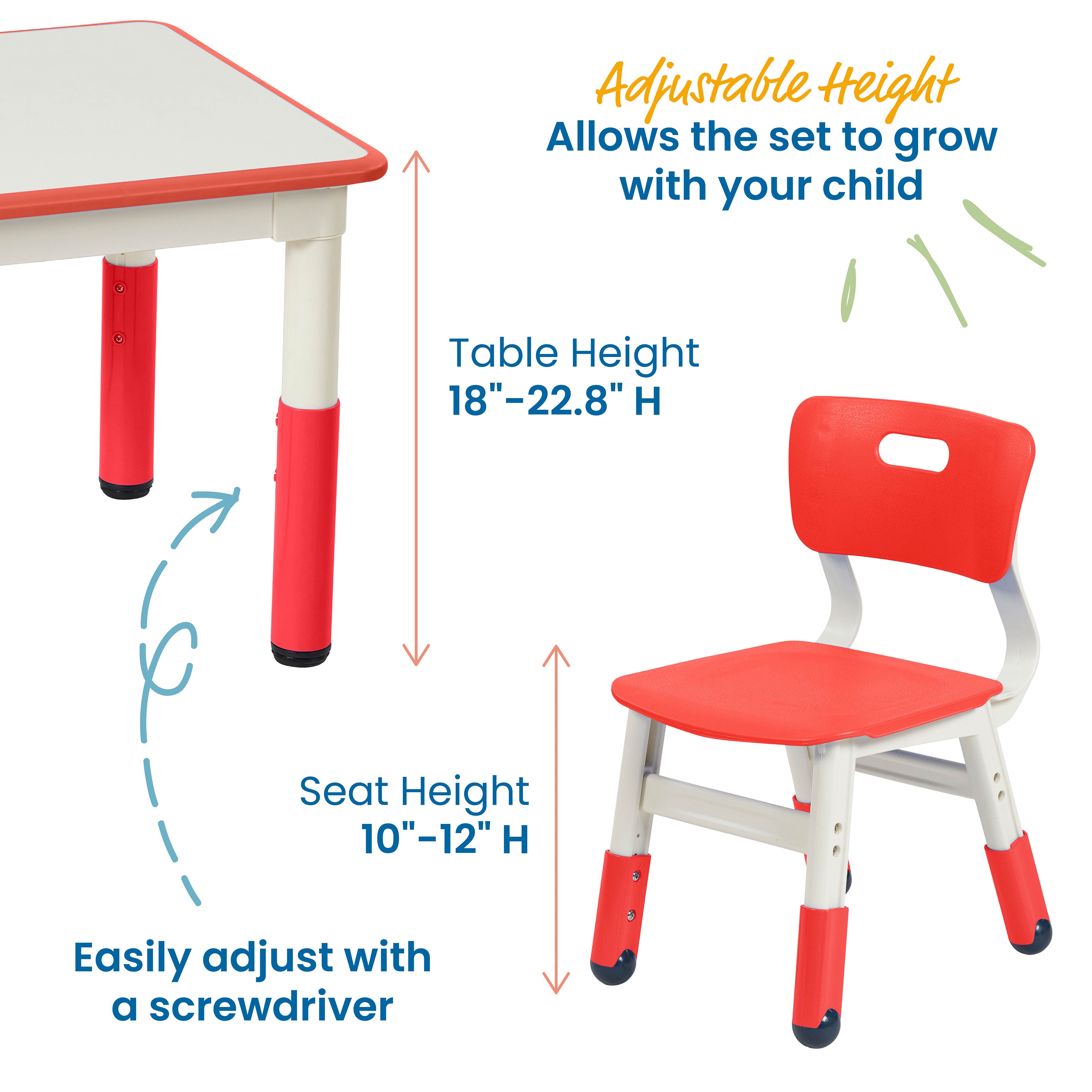 Dry-Erase Square Activity Table with 2 Chairs, Adjustable, 3-Piece