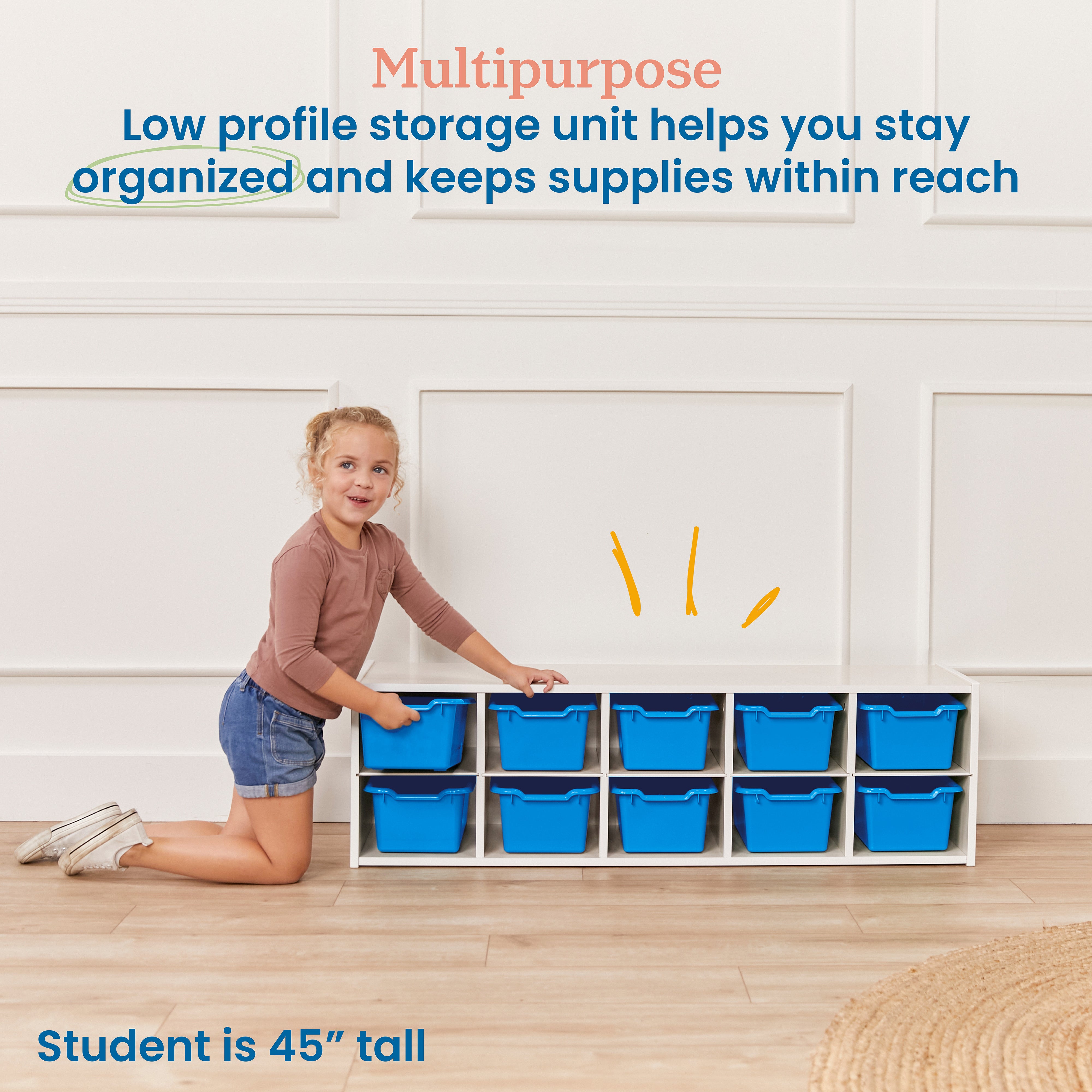 Streamline 10 Cubby Tray Cabinet with 10 Scoop Front Storage Bins, 2x5, White Wash