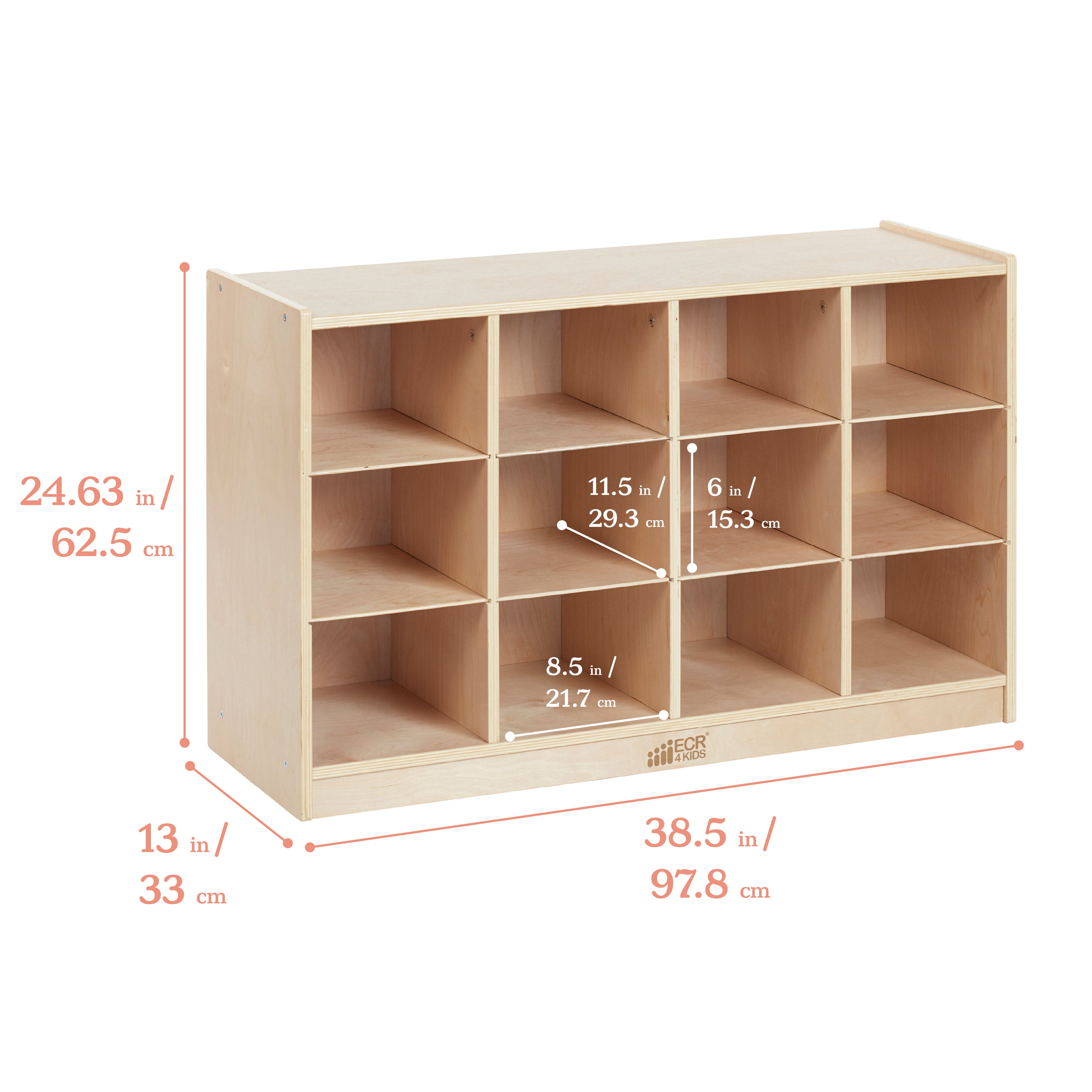 12 Cubby Mobile Tray Cabinet with 15 Scoop Front Storage Bins, 3x4, Natural