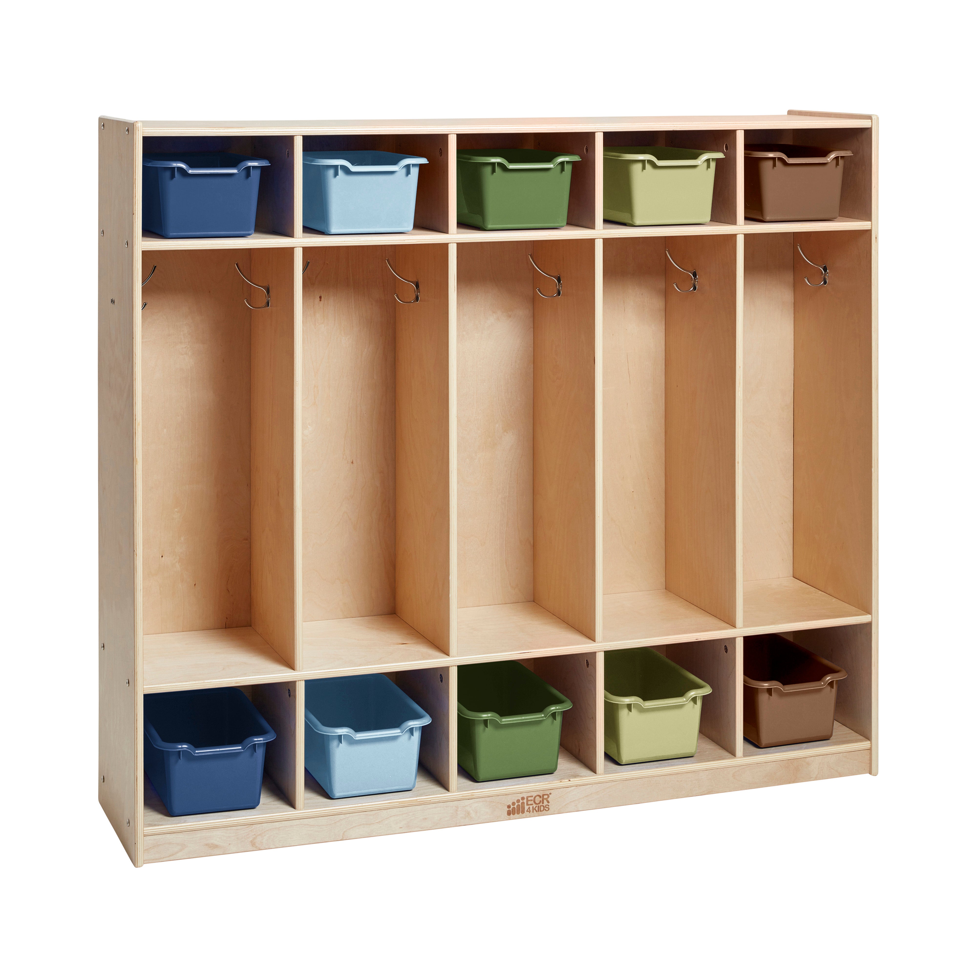 5-Section Coat Locker and Scoop Front Storage Bins, Natural