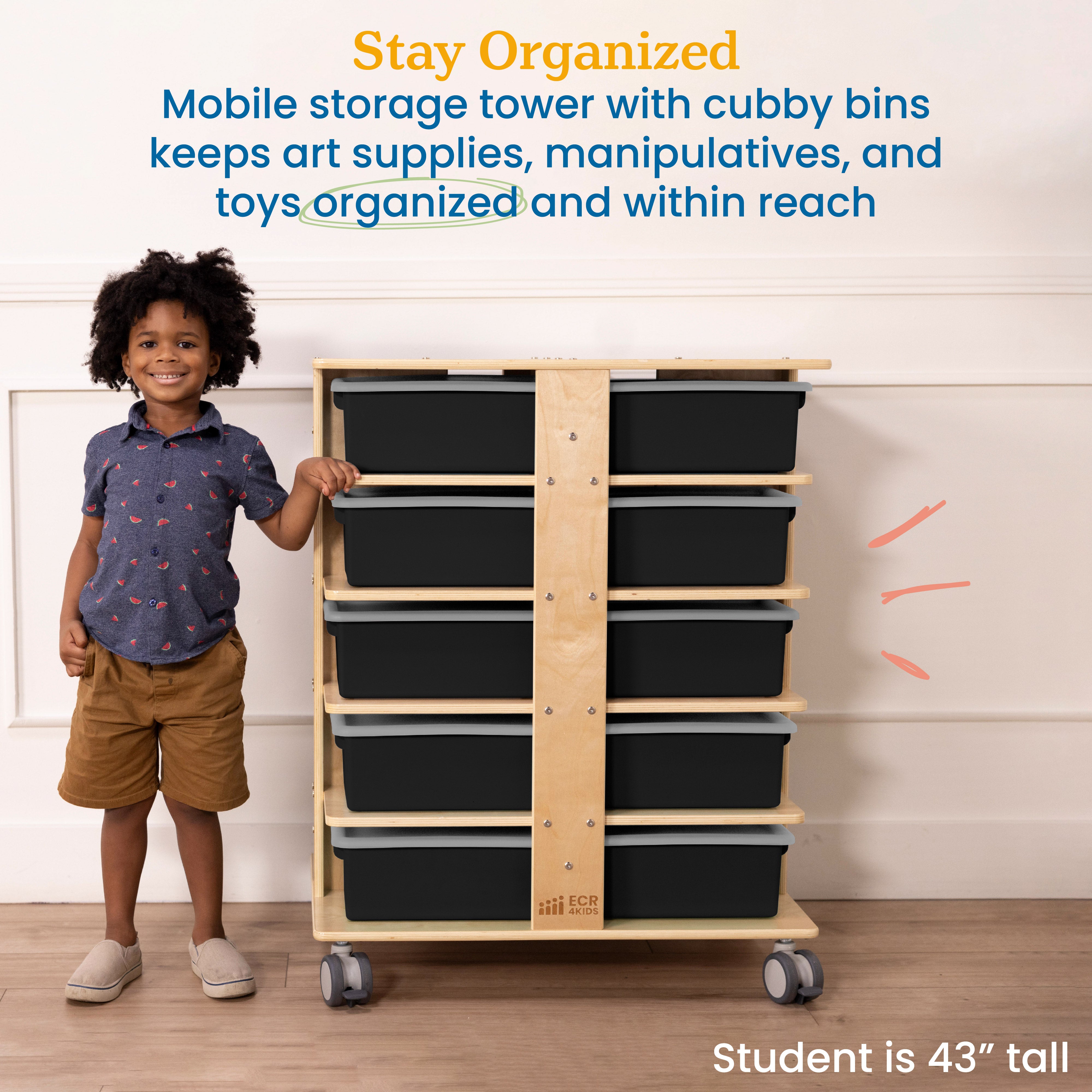 20-Compartment Mobile Storage Tower with Cubby Bins with Lids, 5x4, Natural