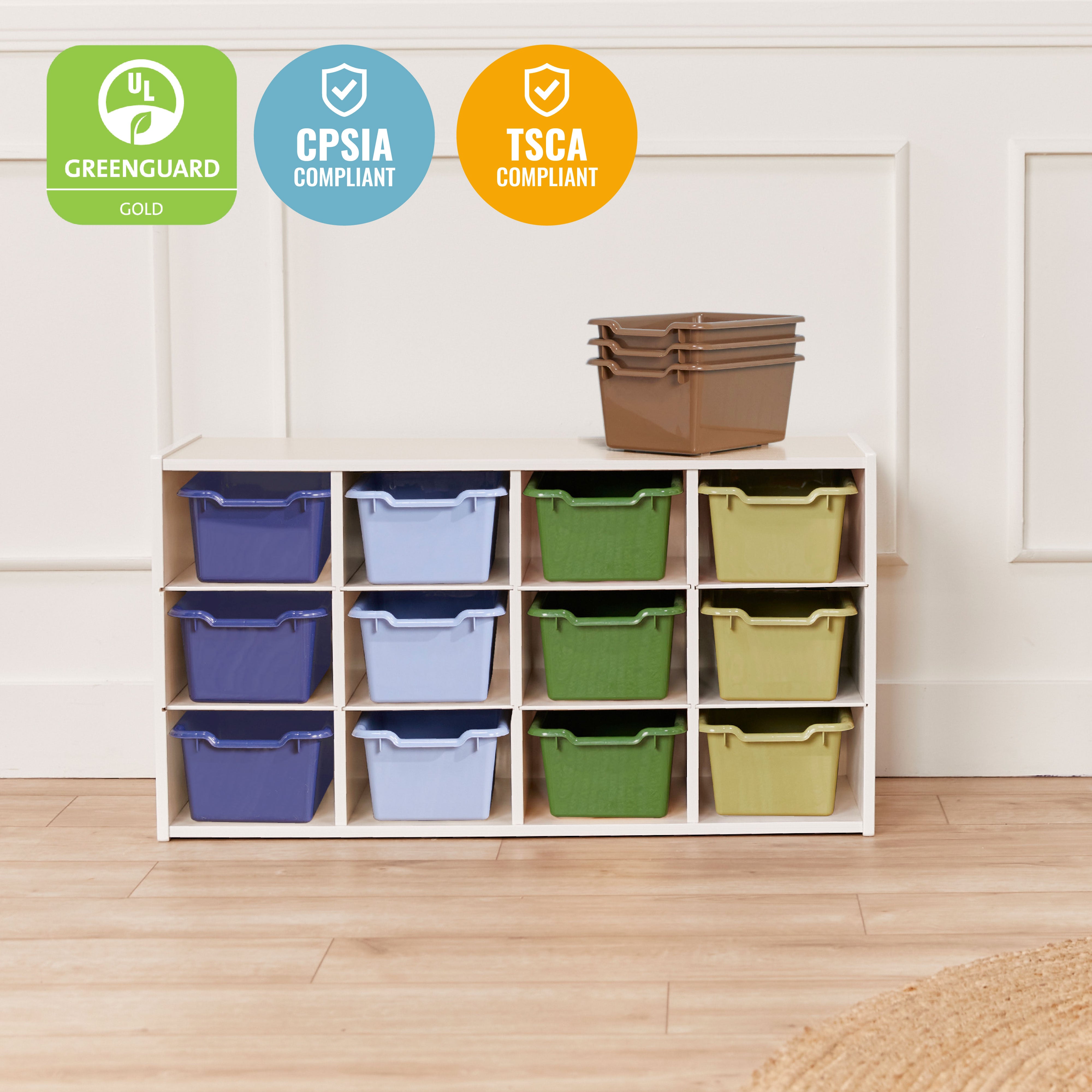 Streamline 12 Cubby Tray Cabinet with 15 Scoop Front Storage Bins, 3x4, White Wash