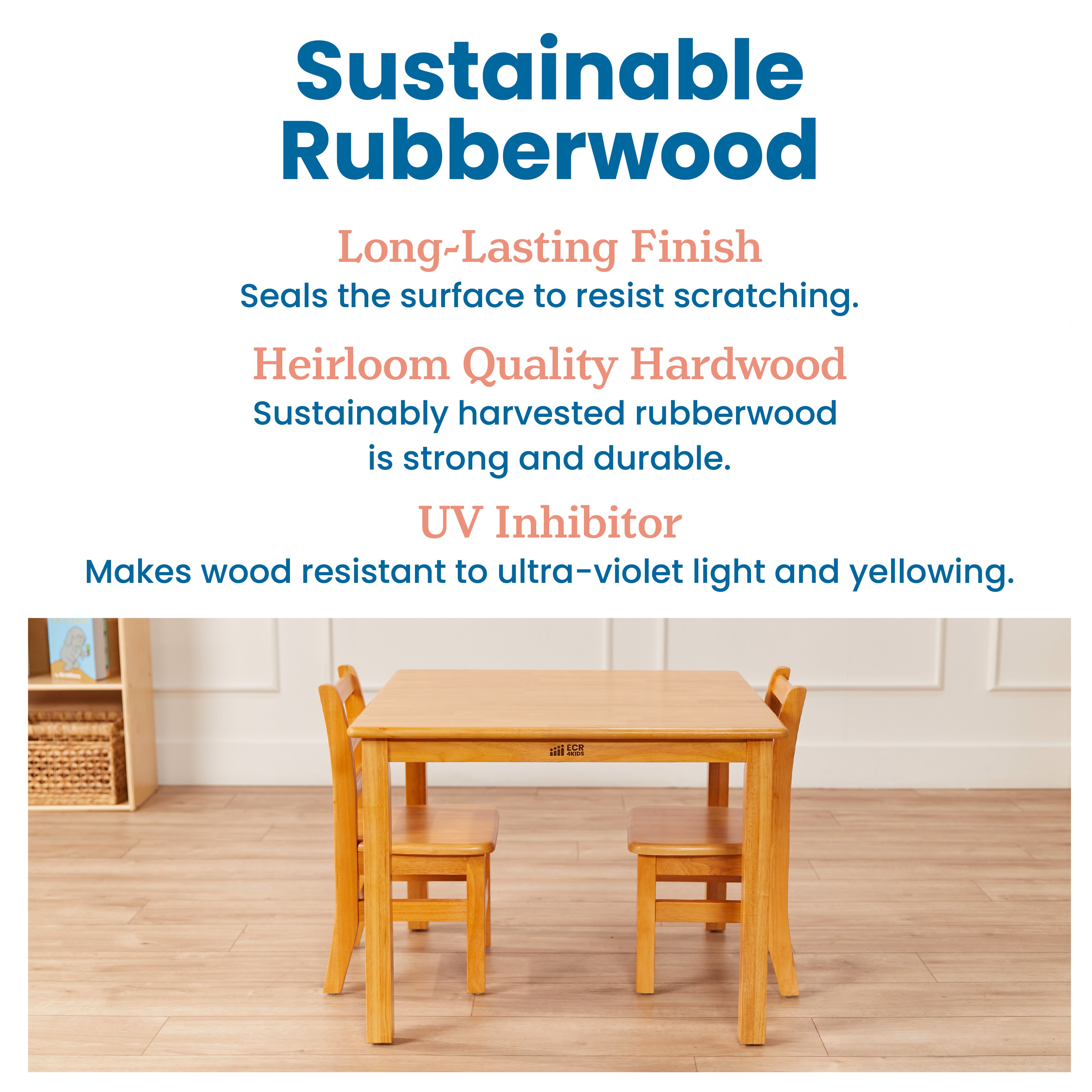 30in x 30in Square Hardwood Table and Chair Set, 12in Seat Height, 3-Piece