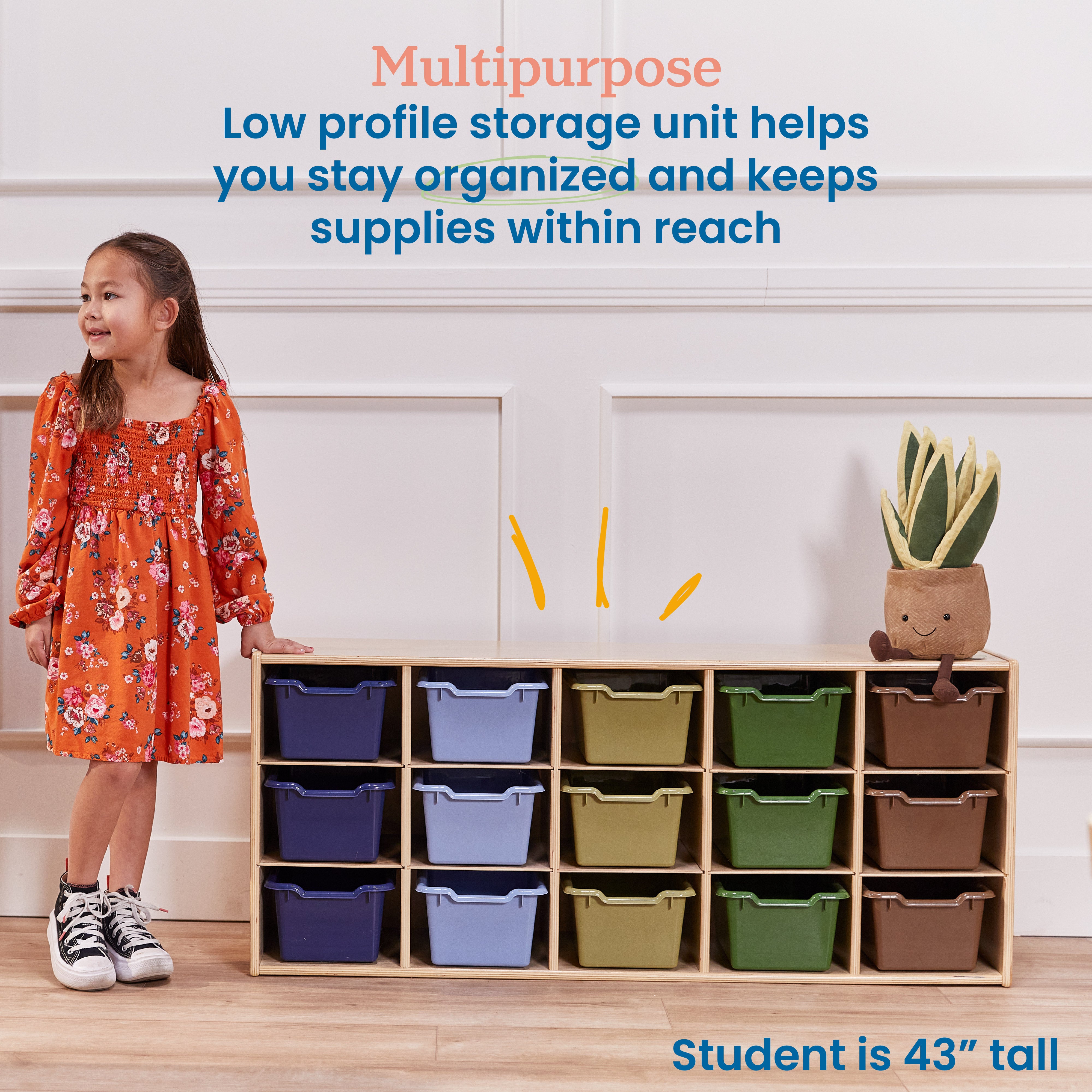 Streamline 15 Cubby Tray Cabinet with 15 Scoop Front Storage Bins, 3x5, Natural