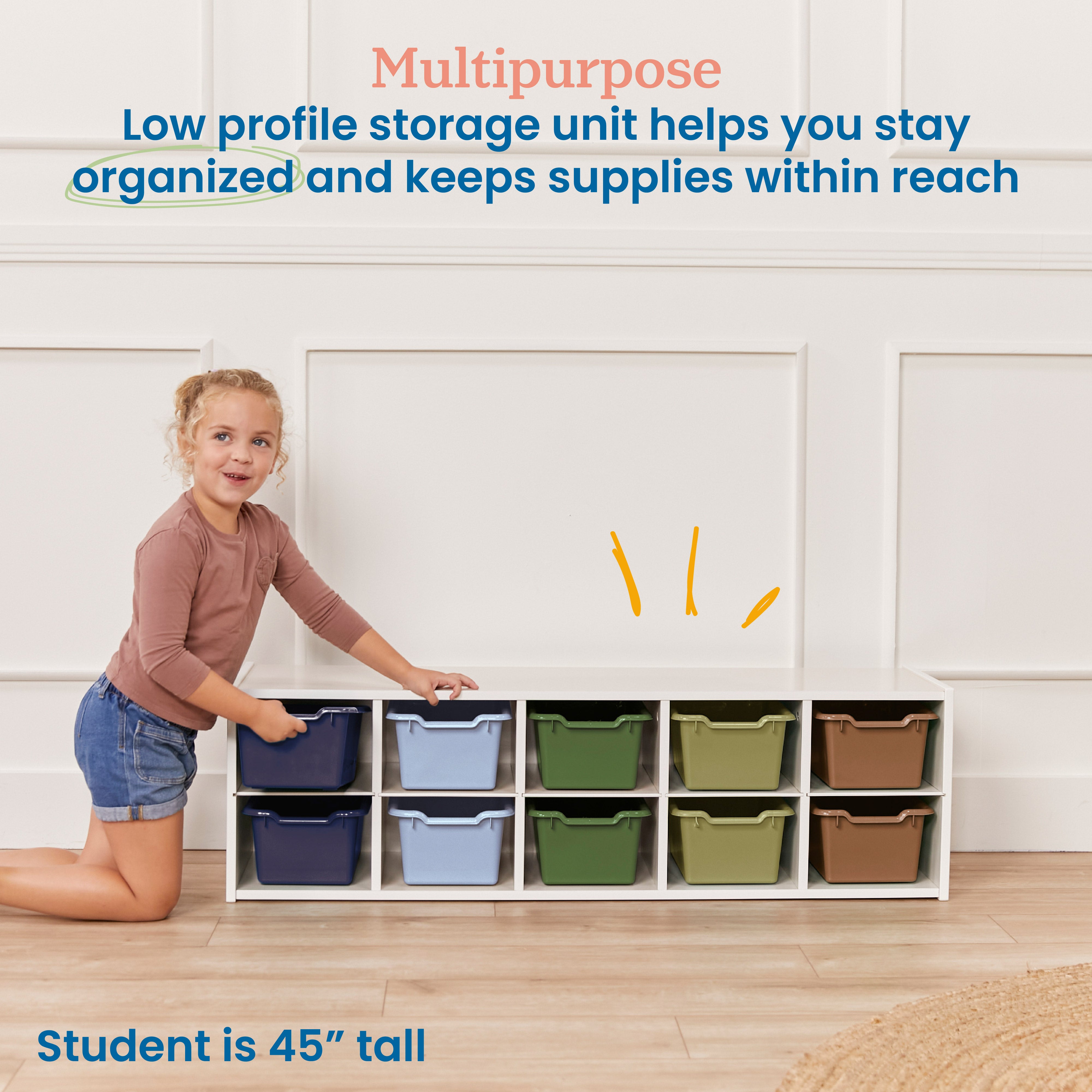 Streamline 10 Cubby Tray Cabinet with 10 Scoop Front Storage Bins, 2x5, White Wash