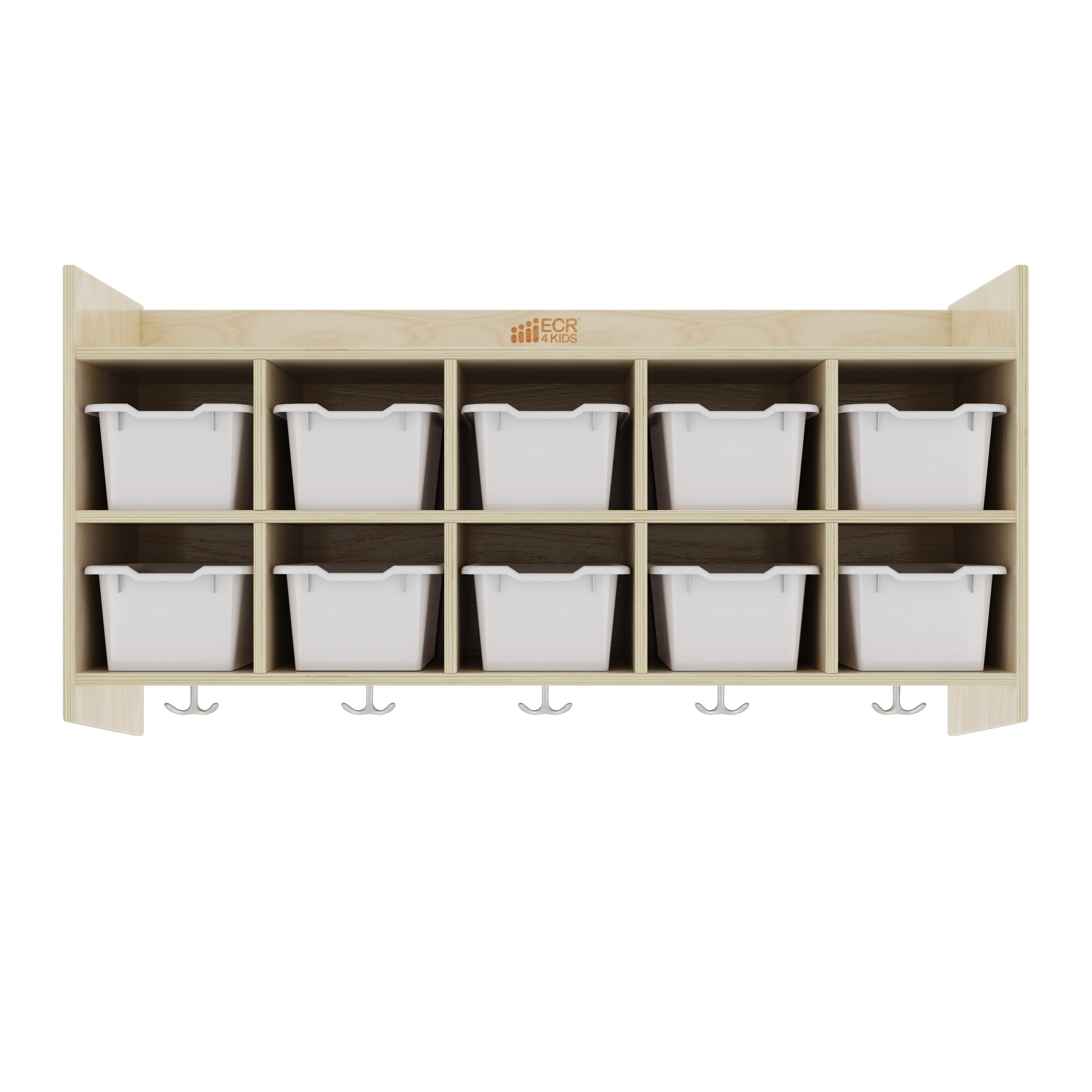 10-Section Hanging Coat Locker with Shelf and Scoop Front Storage Bins, Natural
