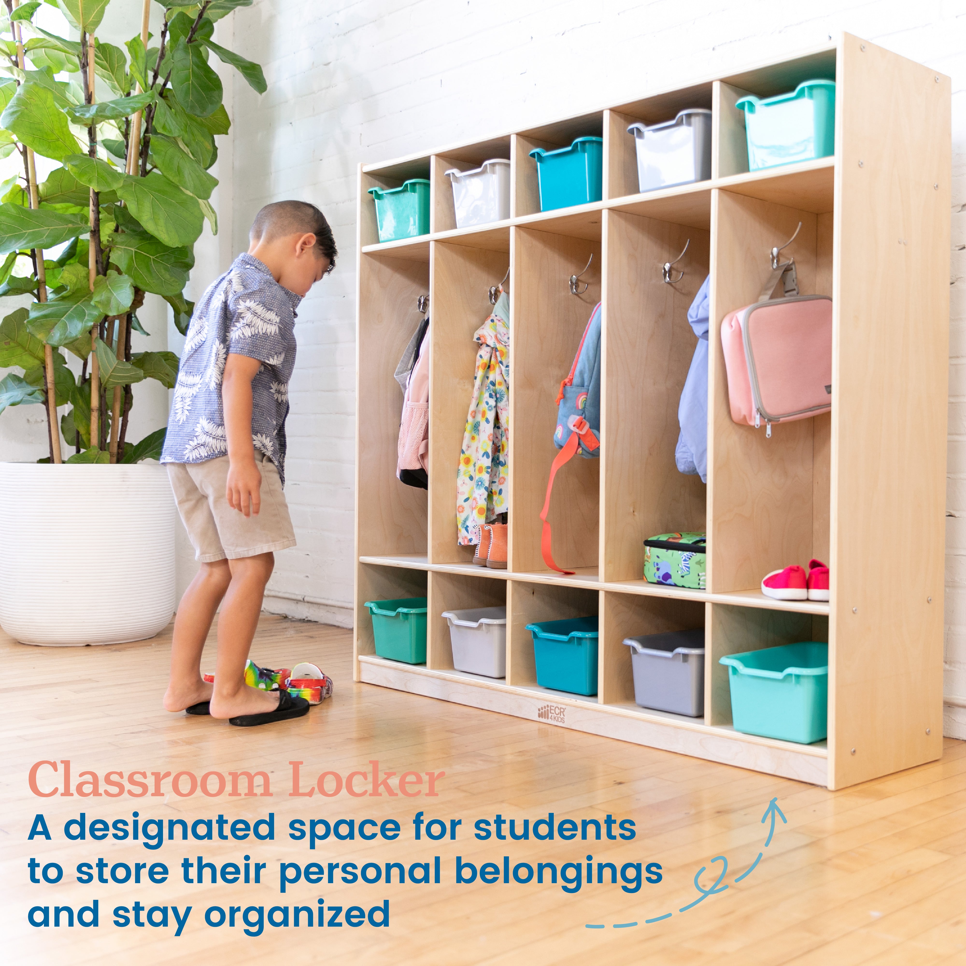 5-Section Coat Locker and Scoop Front Storage Bins, Natural