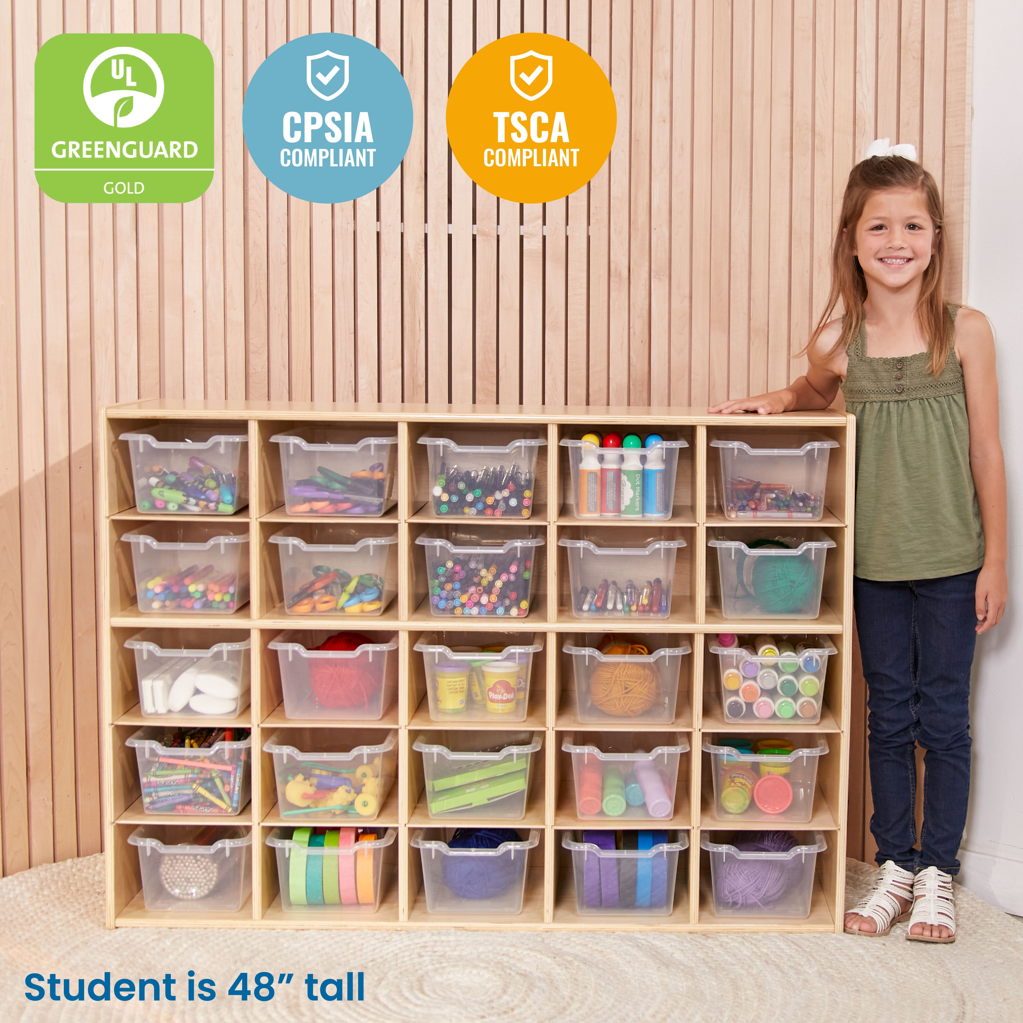 Streamline 25 Cubby Tray Cabinet with 25 Scoop Front Storage Bins, 5x5, Natural