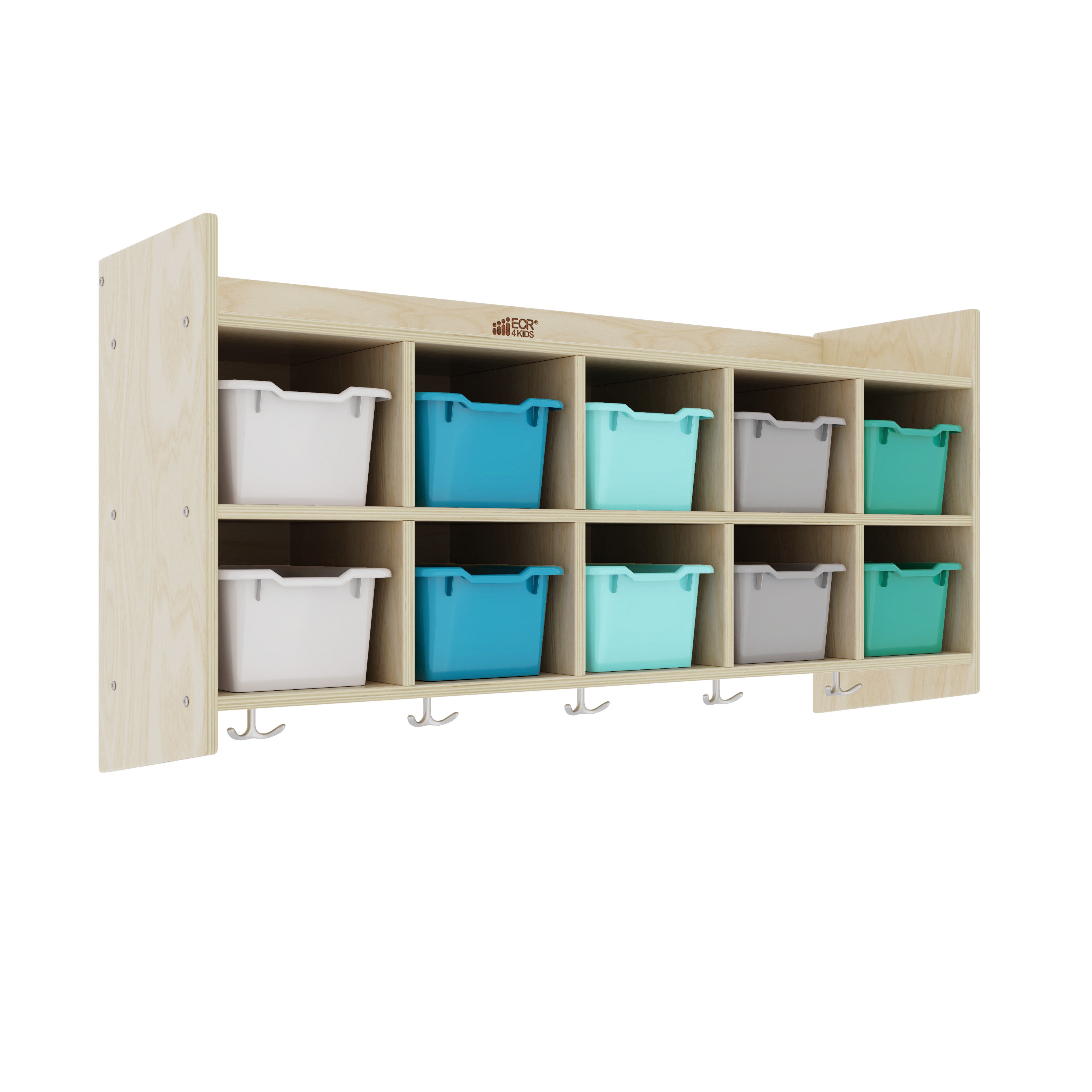10-Section Hanging Coat Locker with Shelf and Scoop Front Storage Bins, Natural