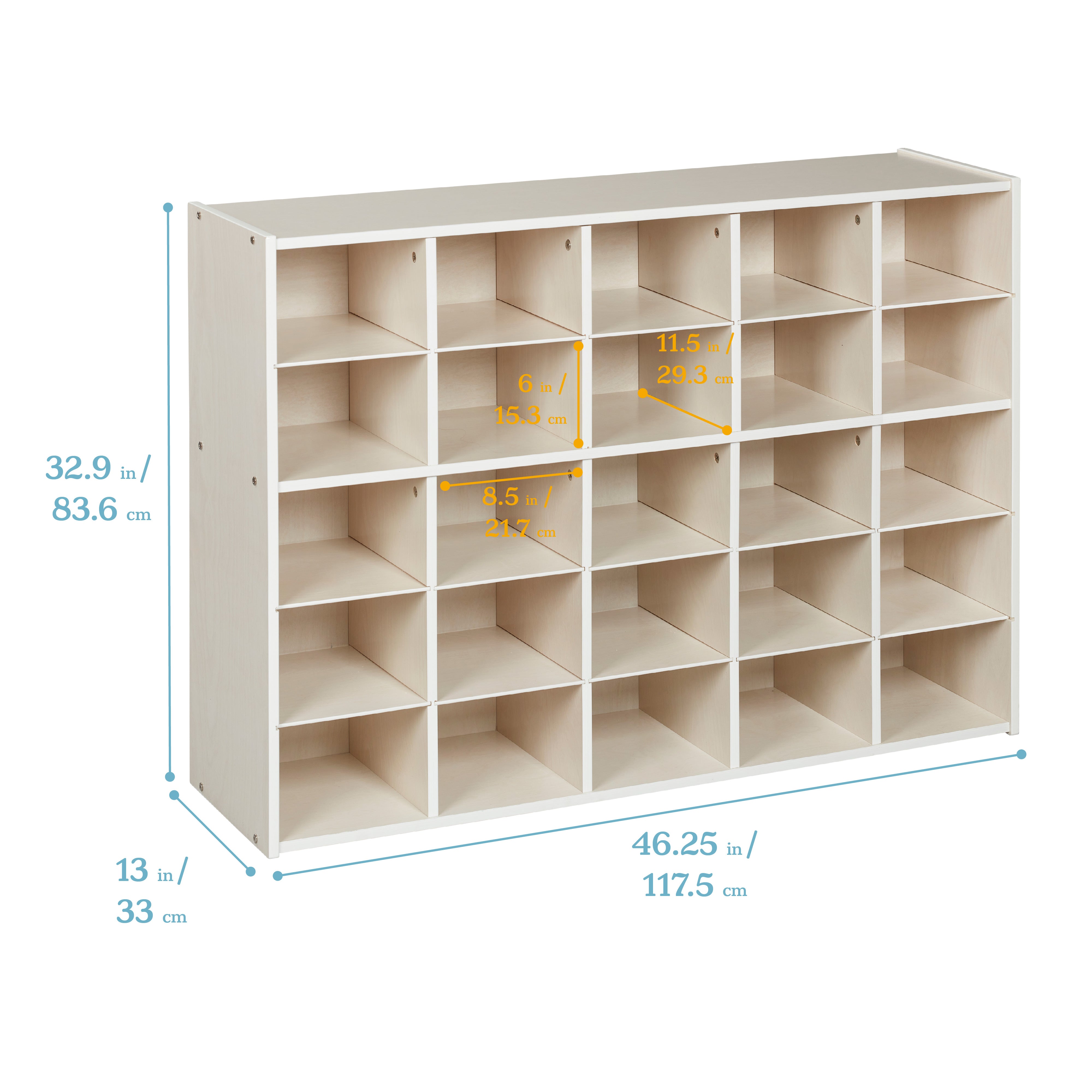 Streamline 25 Cubby Tray Cabinet with 25 Scoop Front Storage Bins, 5x5, White Wash
