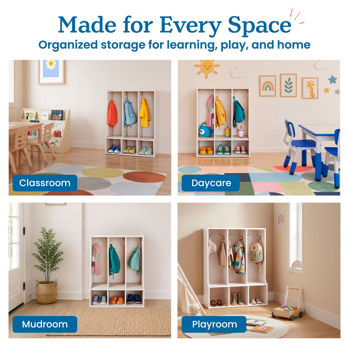 Three-section wooden coat locker with upper hanging rods and lower open shelving for shoes and storage.