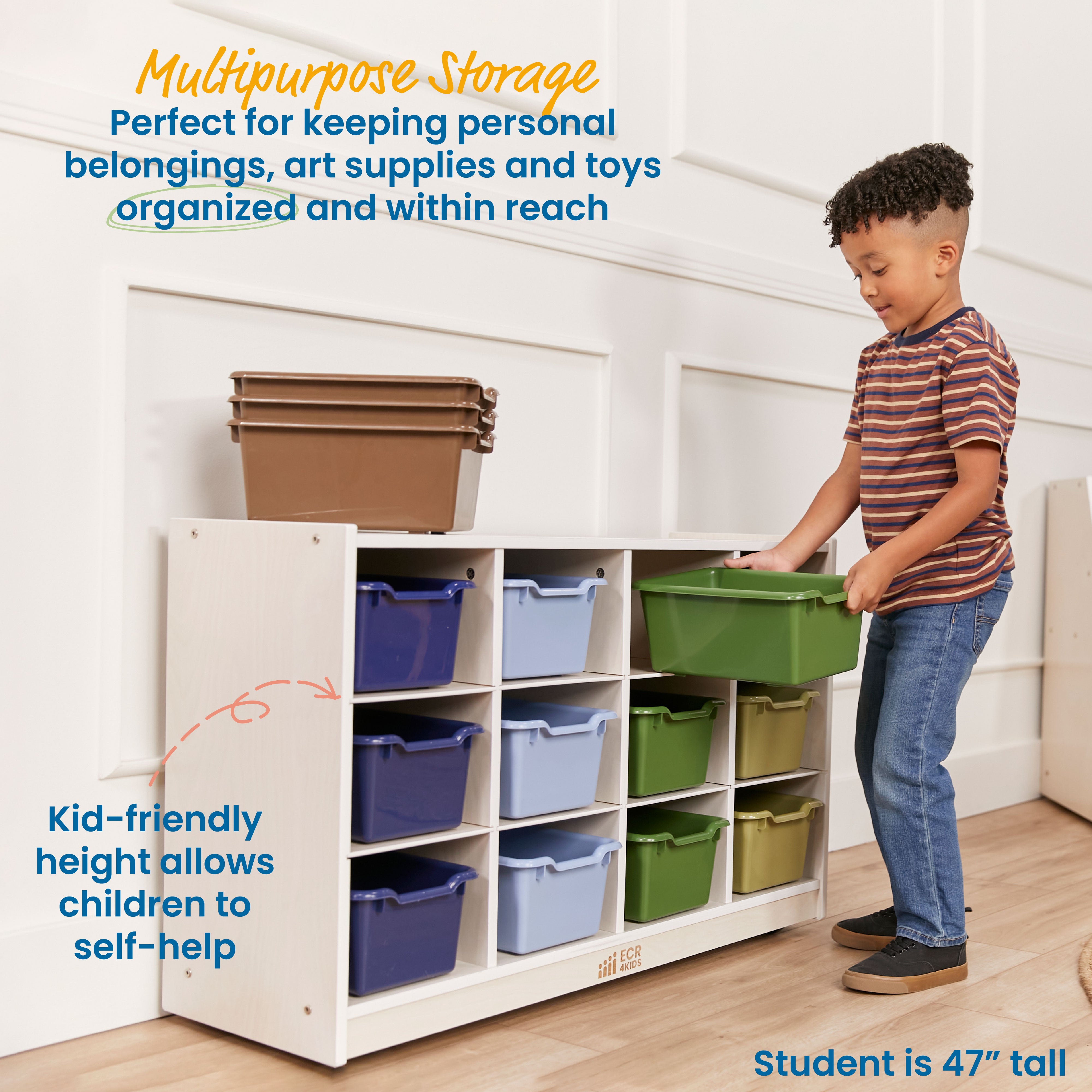 12 Cubby Mobile Tray Cabinet with 15 Scoop Front Storage Bins, 3x4, White Wash