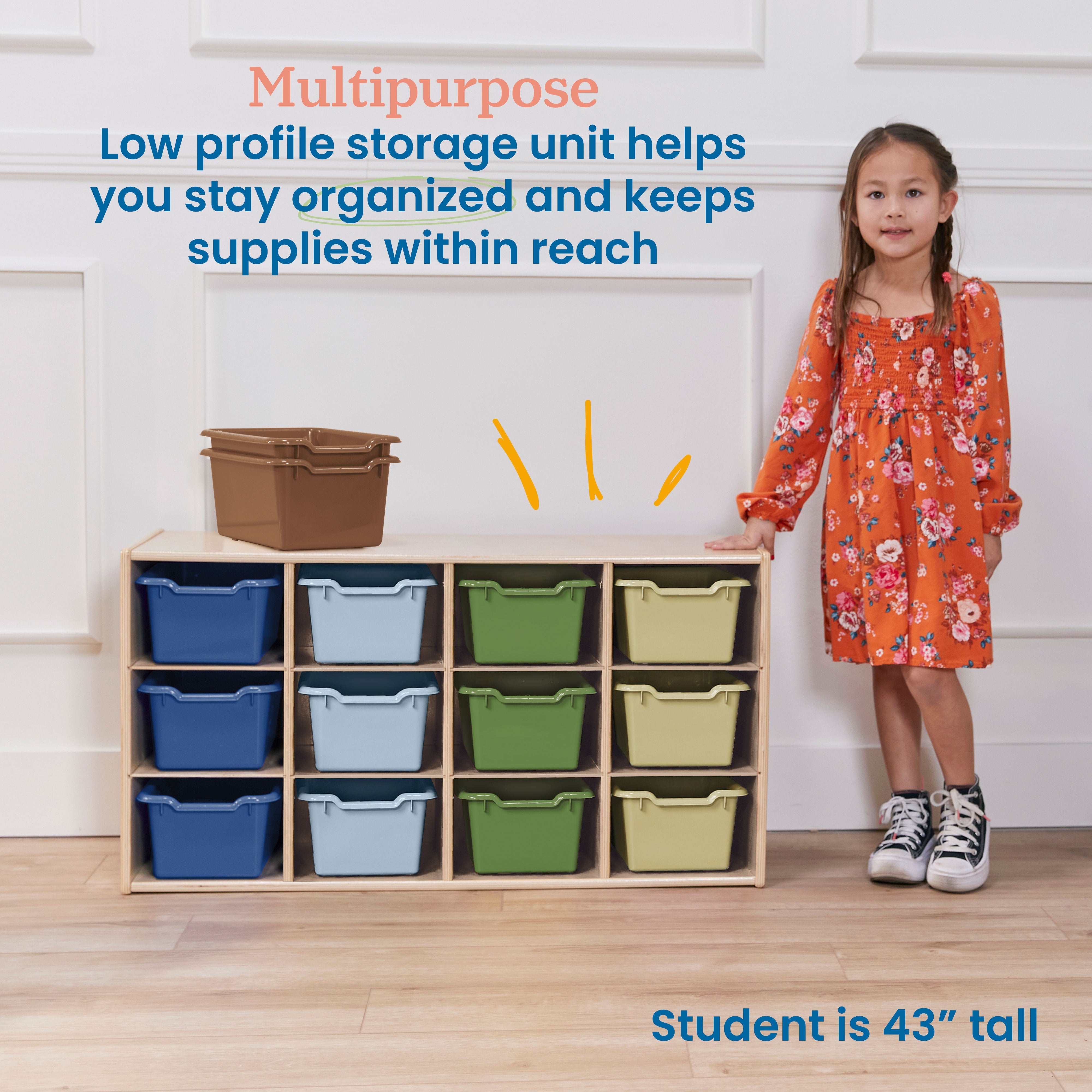 Streamline 12 Cubby Tray Cabinet with 15 Scoop Front Storage Bins, 3x4, Natural
