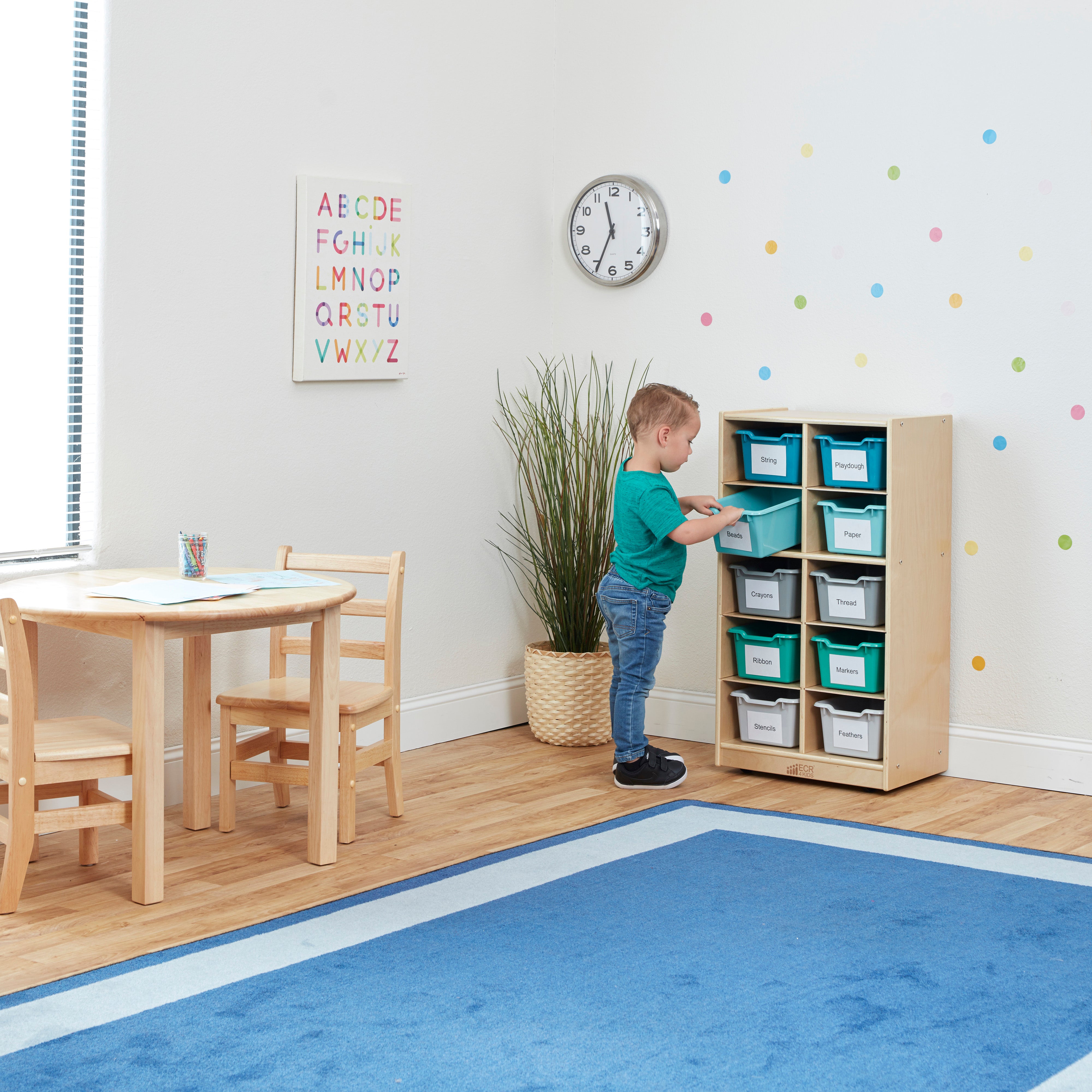 10 Cubby Mobile Tray Cabinet with 10 Scoop Front Storage Bins, 5x2, Natural