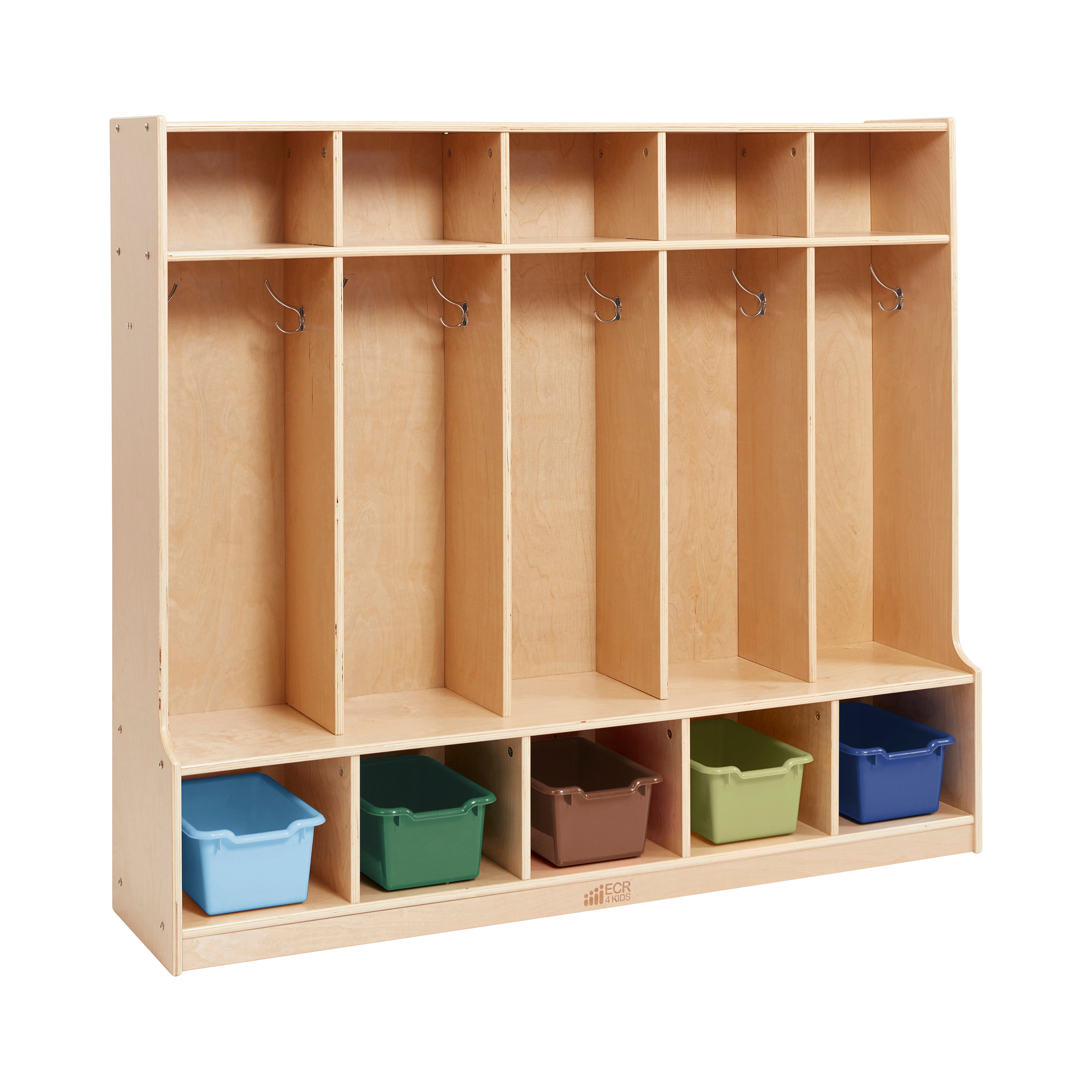 5-Section Coat Locker with Bench and Scoop Front Storage Bins, Natural
