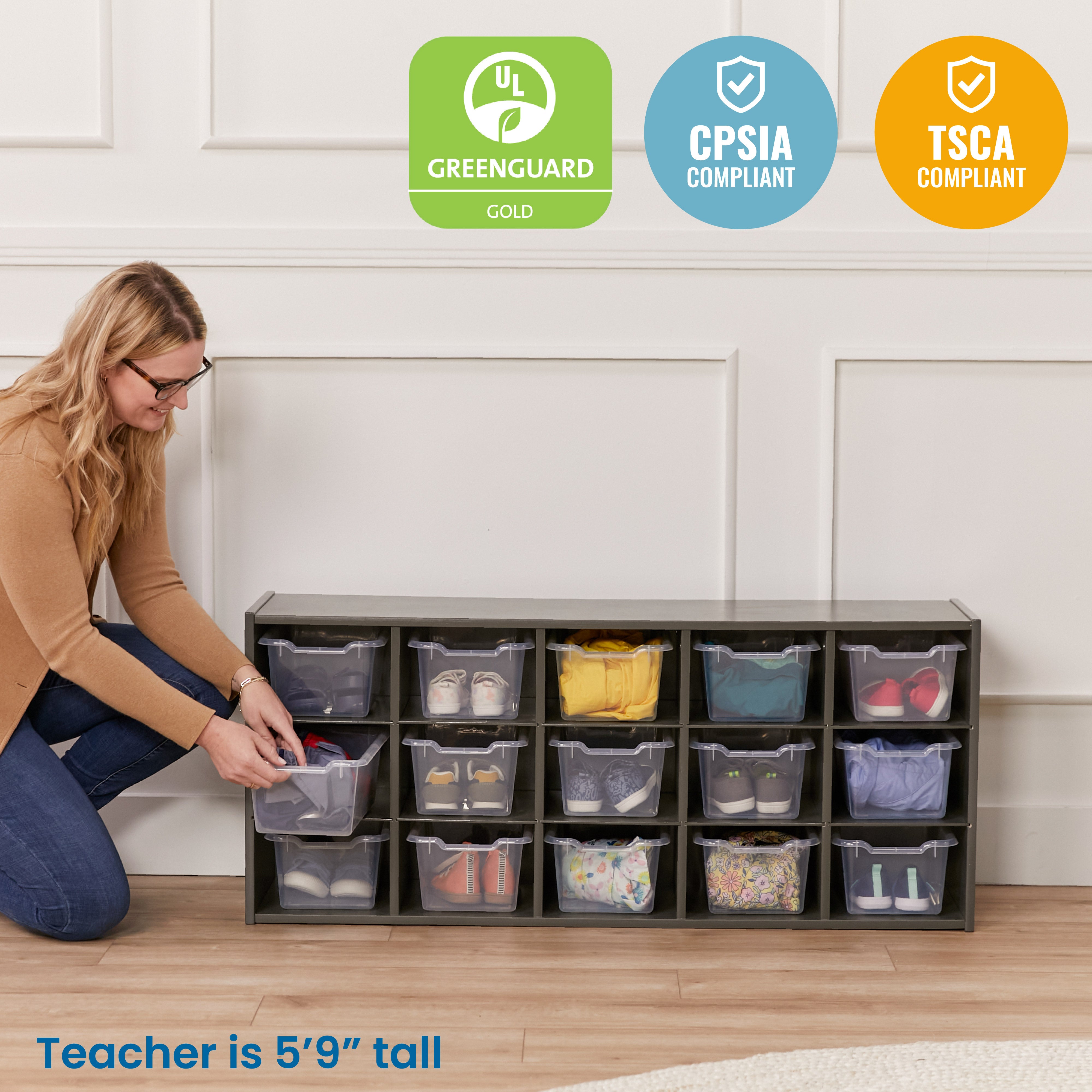 Streamline 15 Cubby Tray Cabinet with 15 Scoop Front Storage Bins, 3x5, Grey Wash