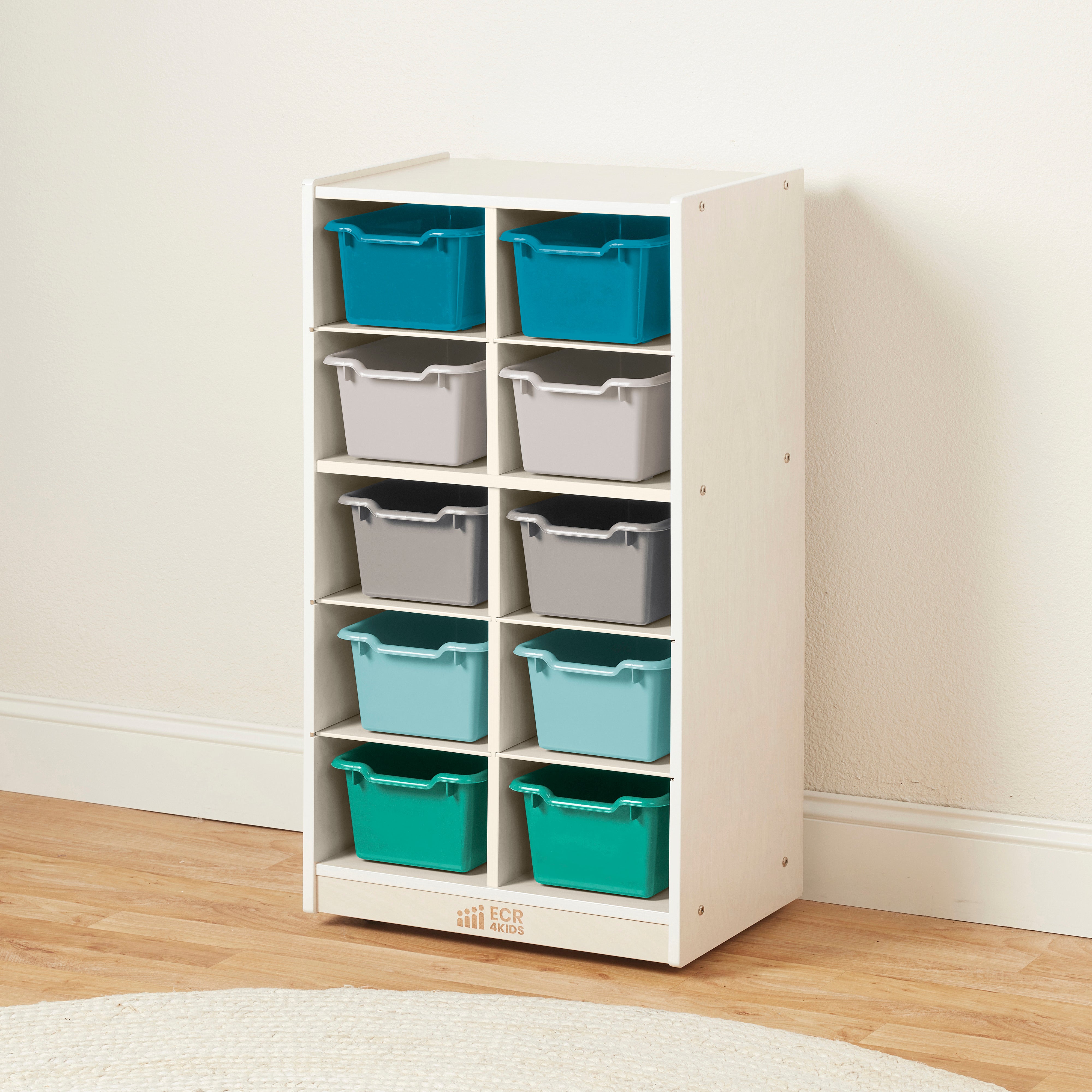 10 Cubby Mobile Tray Cabinet with 10 Scoop Front Storage Bins, 5x2, White Wash