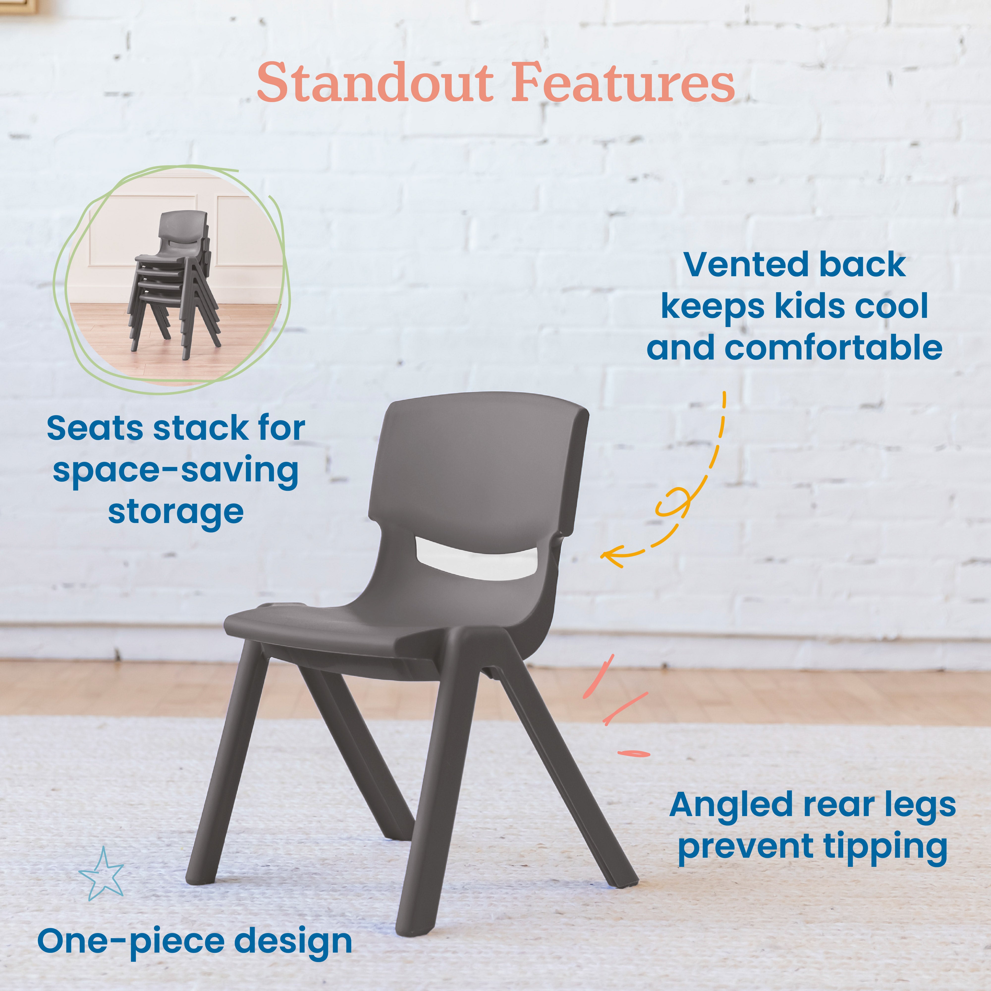 Plastic School Stack Chair for Indoors and Outdoors, Flexible Seating, 12in Seat Height, 4-Pack