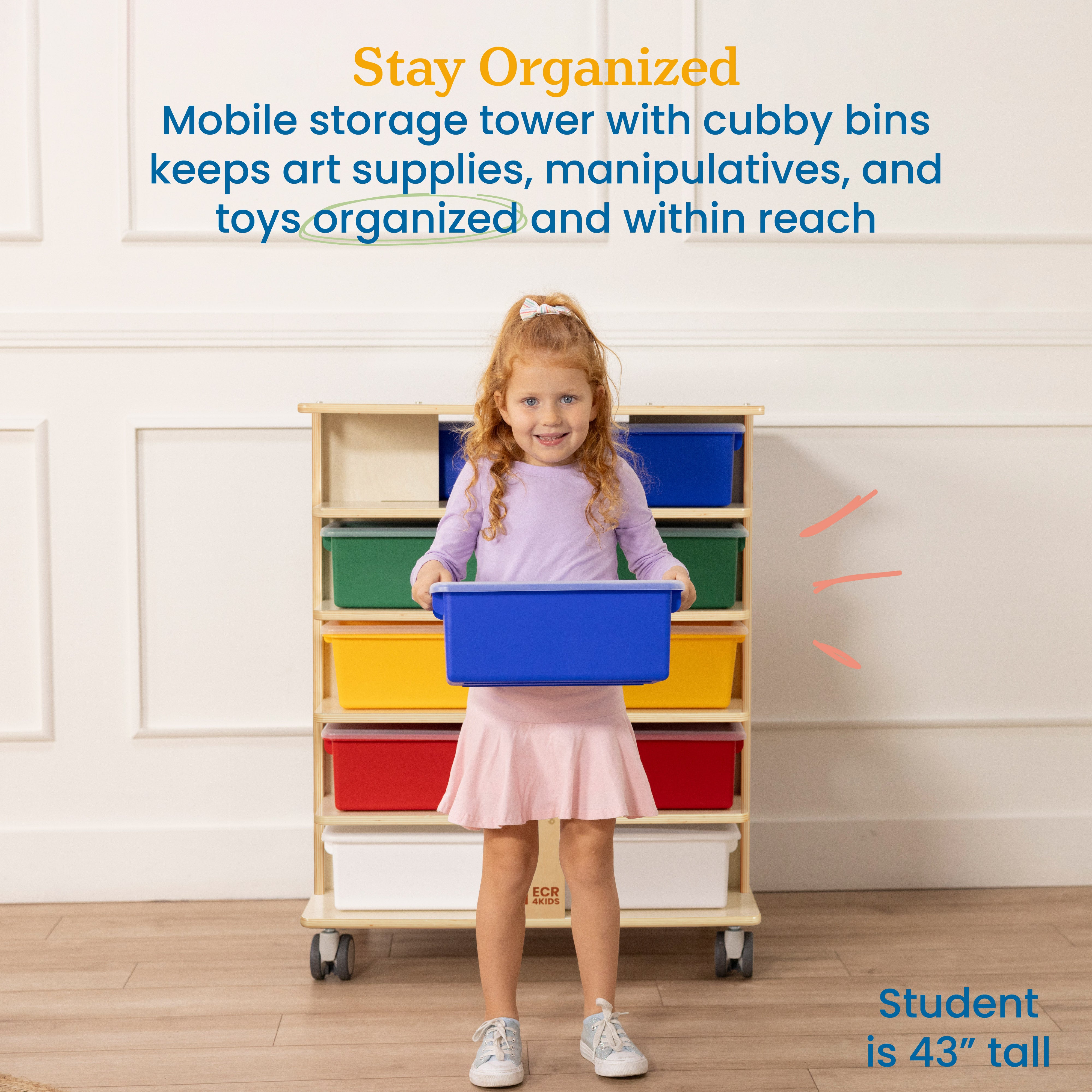 20-Compartment Mobile Storage Tower with Cubby Bins with Lids, 5x4, Natural