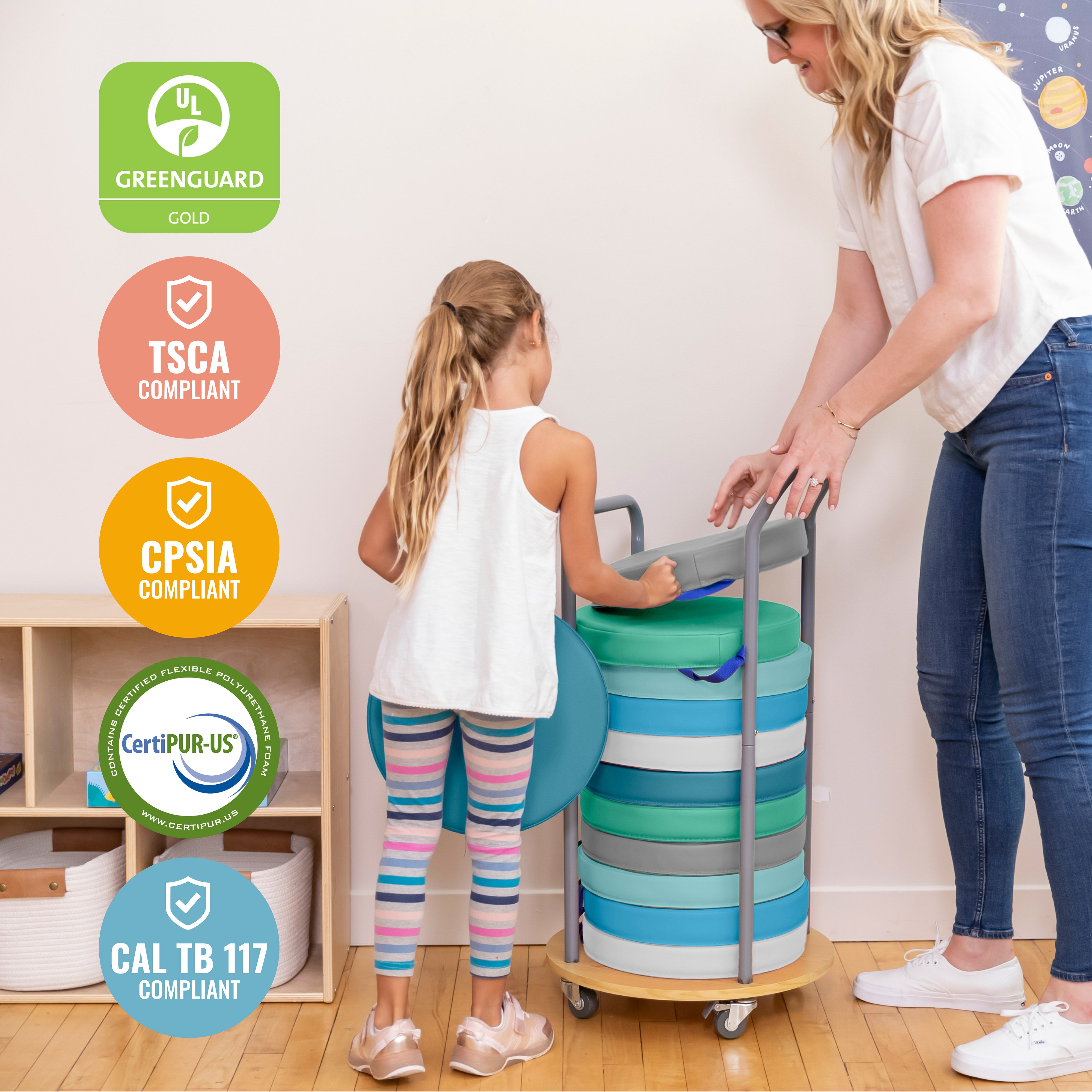 Mobile Cushion Cart and SoftZone Round Floor Cushion
