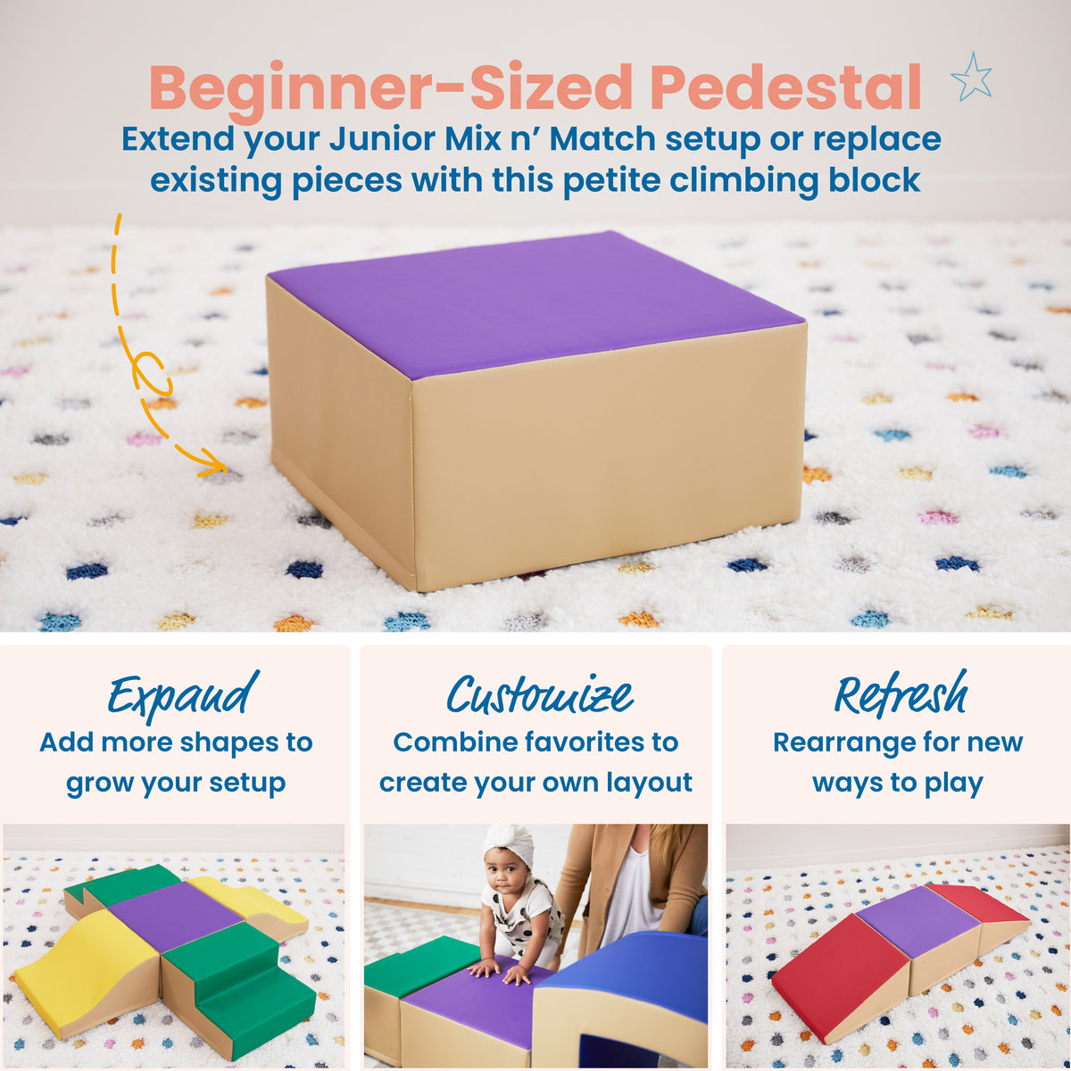 Toddler climbing on modular foam blocks with green, purple, and beige padded surfaces.