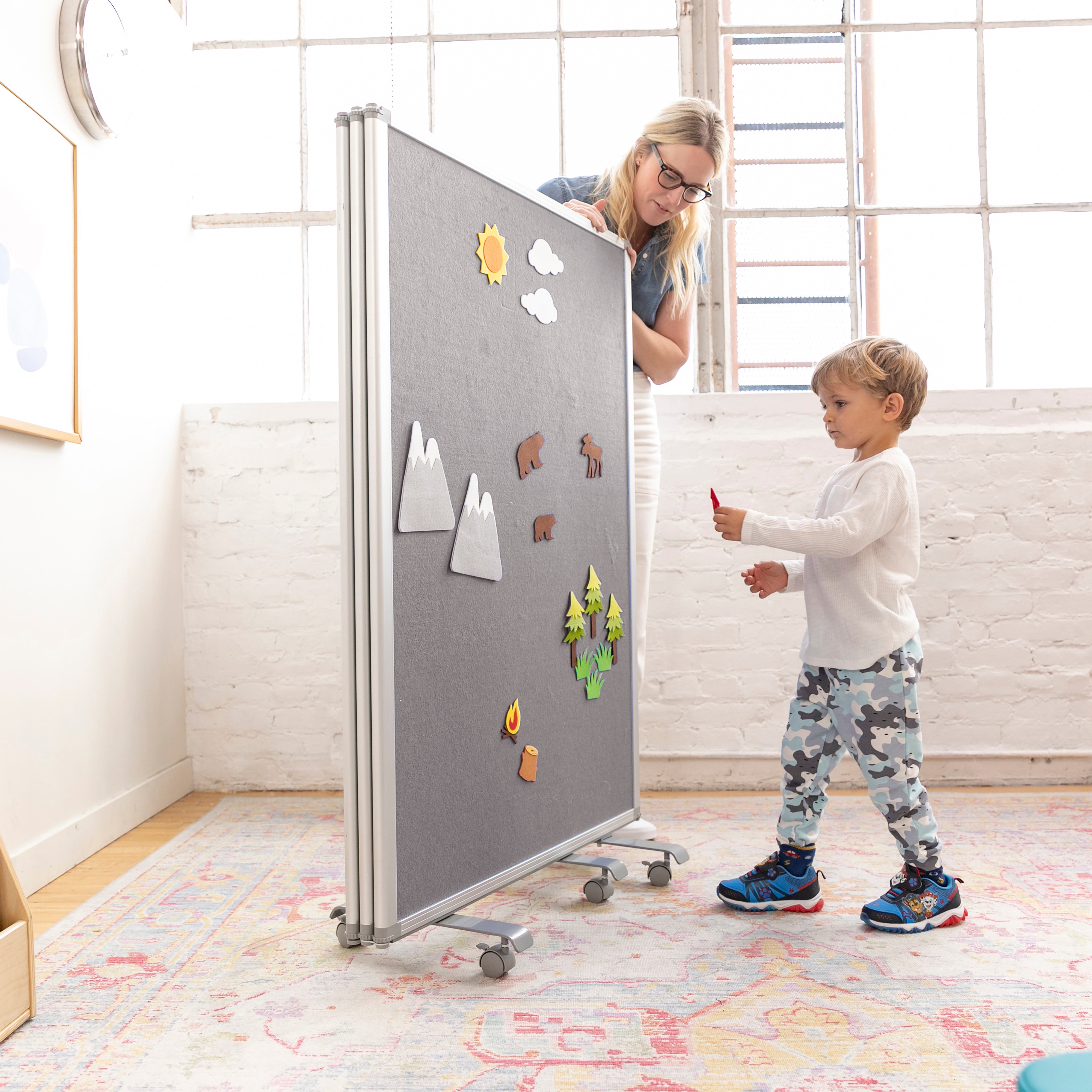 Mobile Dry-Erase and Flannel Room Divider, 3-Panel