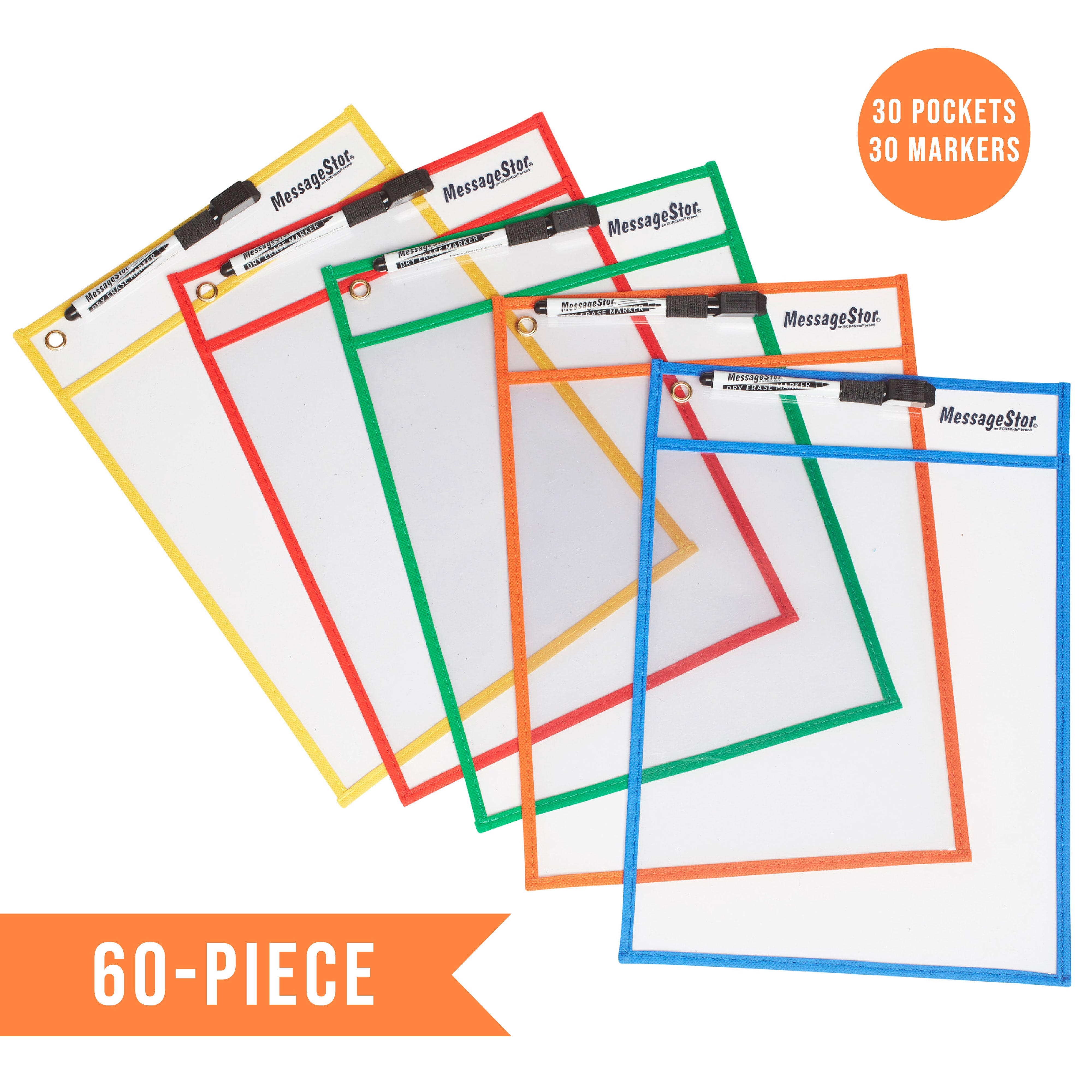 MessageStor Dry-Erase Reusable Clear Pockets with Markers, 30-Piece