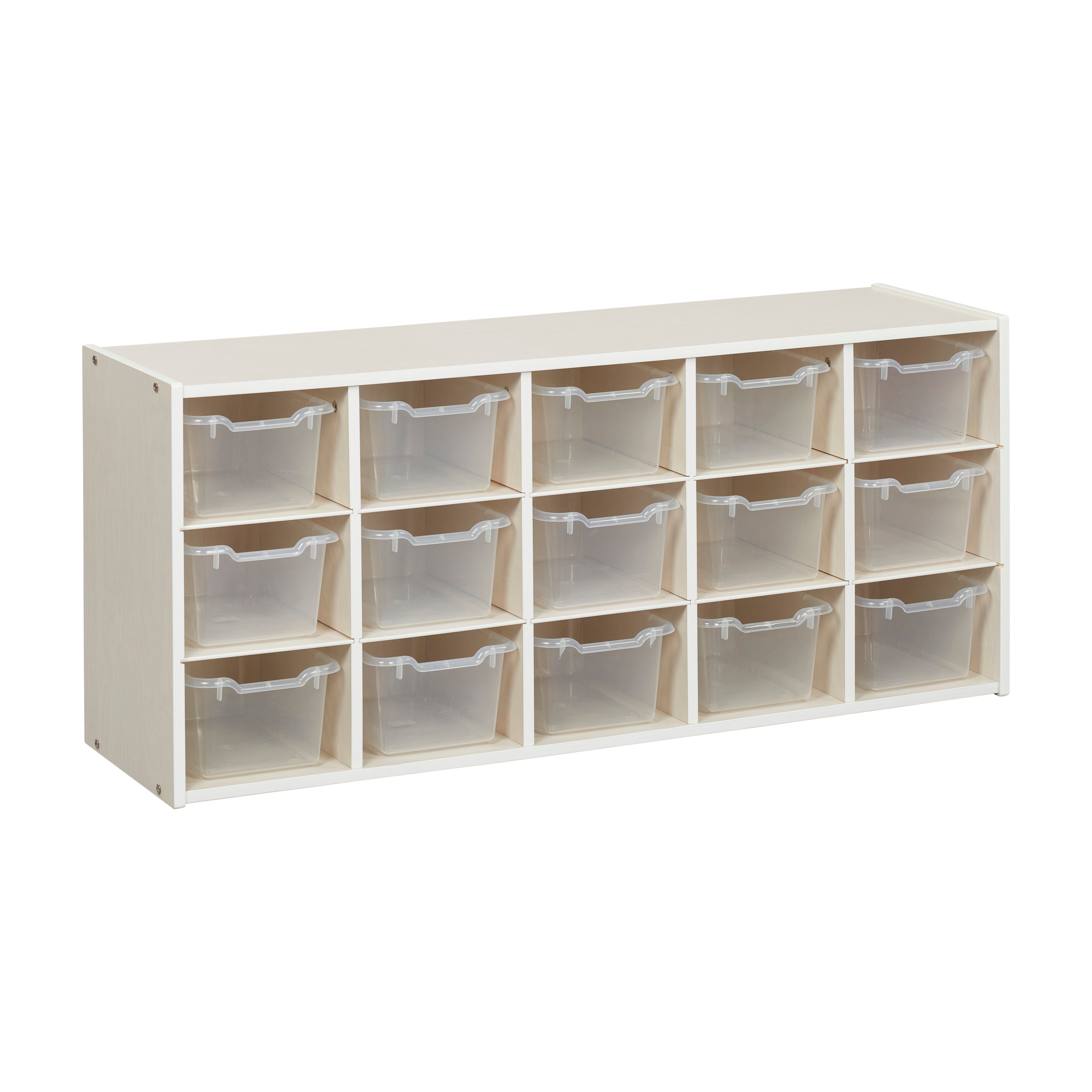 Streamline 15 Cubby Tray Cabinet with 15 Scoop Front Storage Bins, 3x5, White Wash
