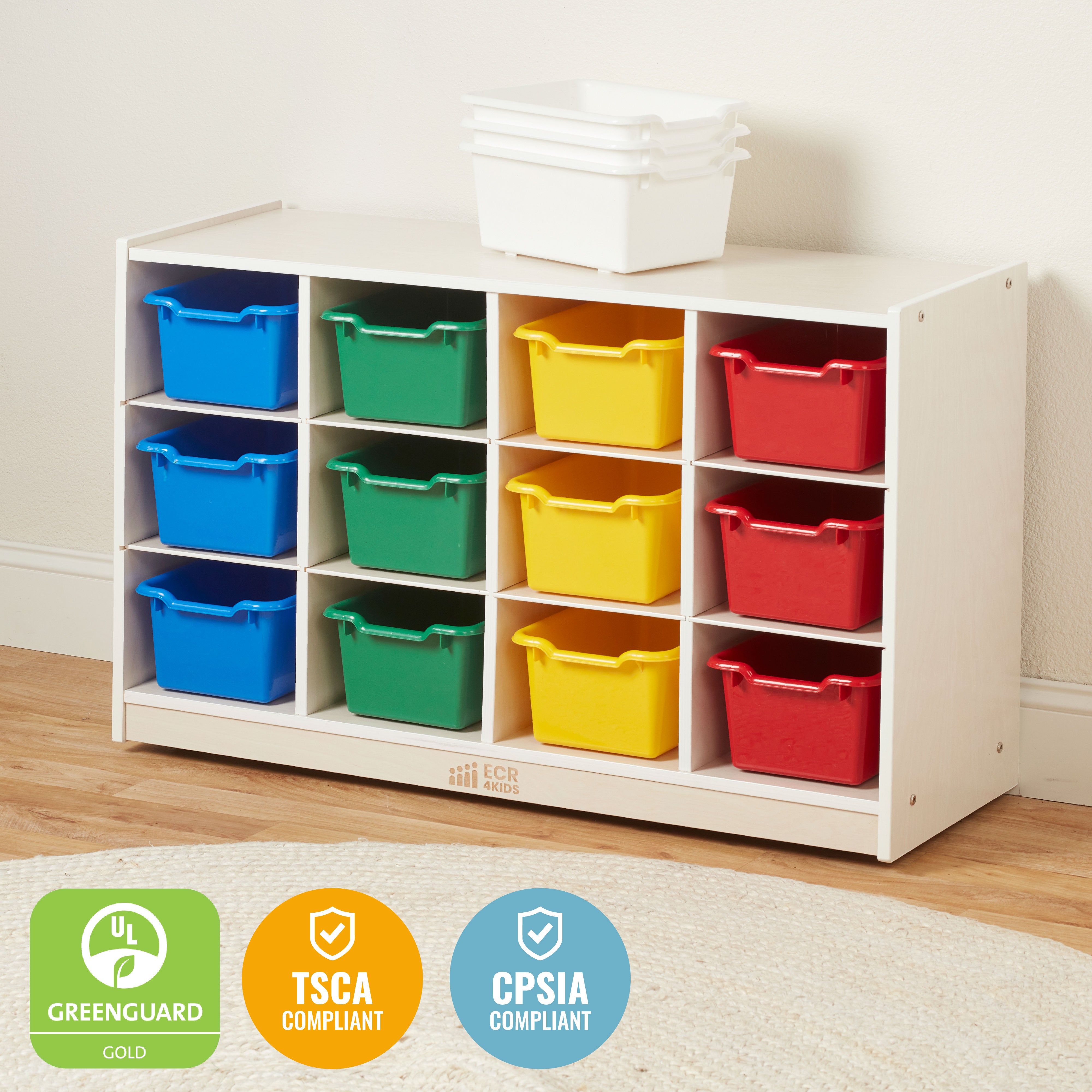 12 Cubby Mobile Tray Cabinet with 15 Scoop Front Storage Bins, 3x4, White Wash