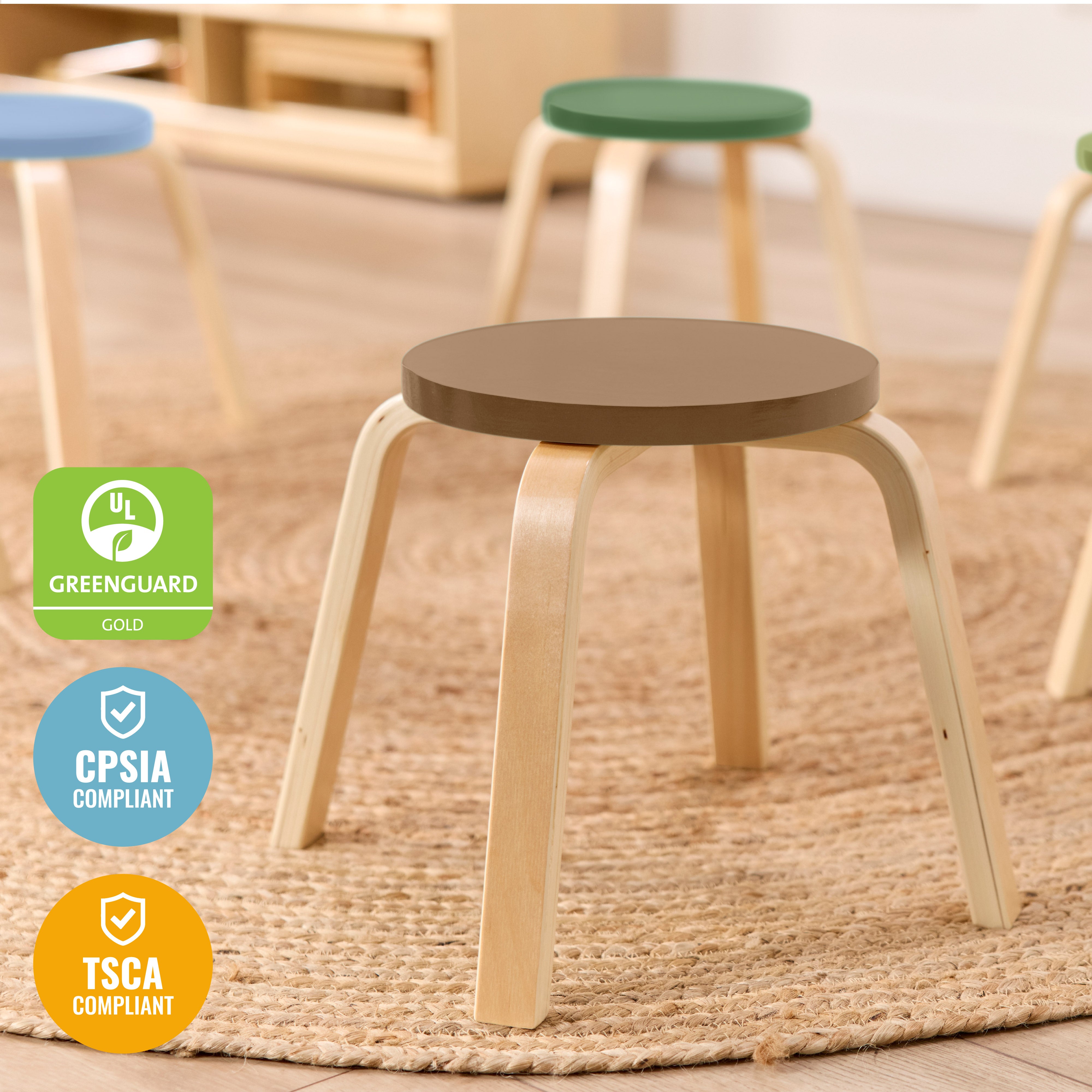 Bentwood Stackable Stools, 12in Seat Height, 6-Piece