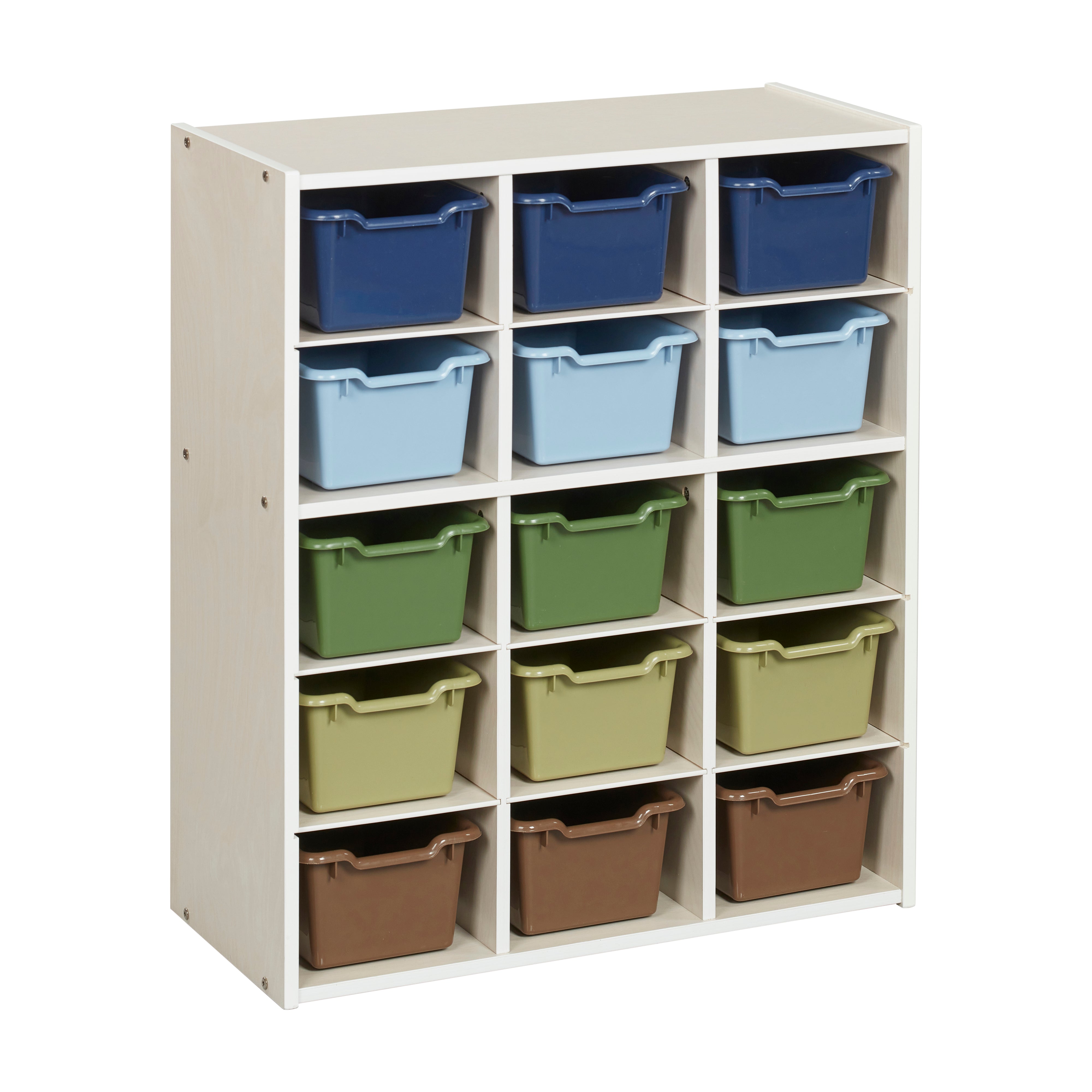 Streamline 15 Cubby Tray Cabinet with 15 Scoop Front Storage Bins, 5x3, White Wash