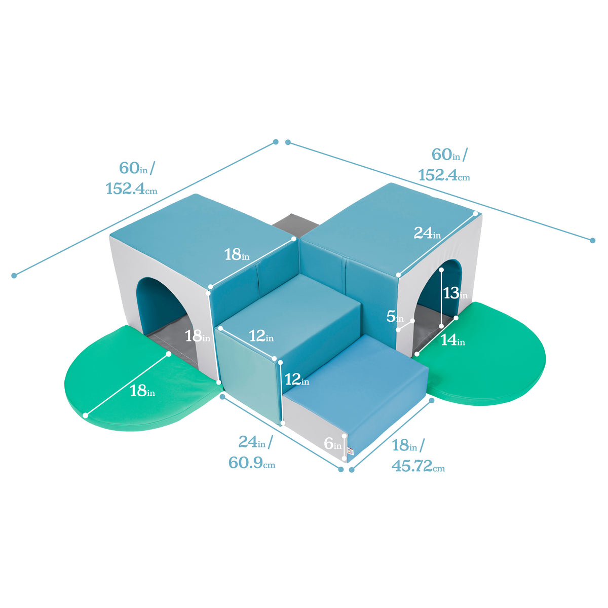 Multi-piece play structure with blue and white tunnels, stepping blocks, and green curved ramps with labeled dimensions.