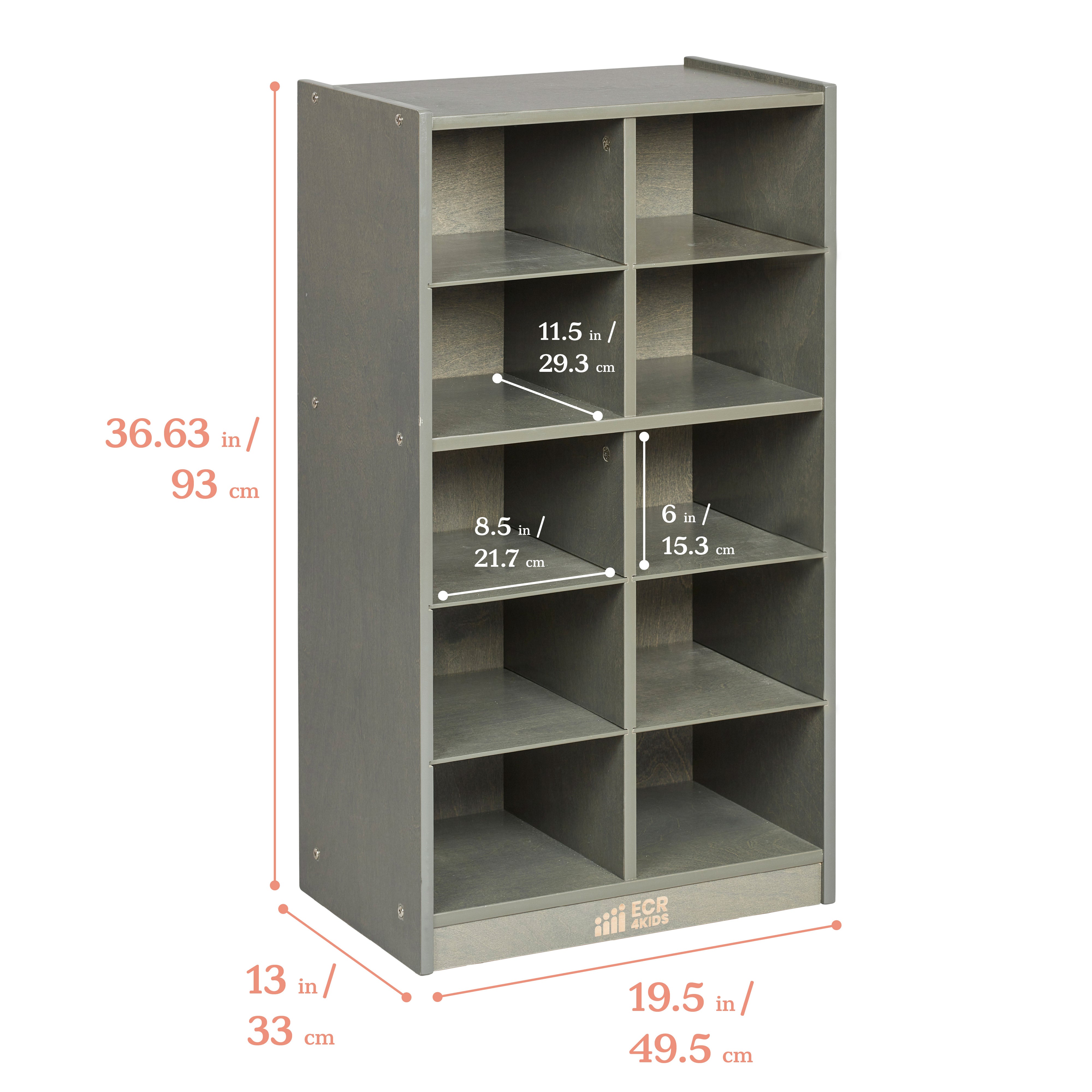10 Cubby Mobile Tray Cabinet with 10 Scoop Front Storage Bins, 5x2, Grey Wash