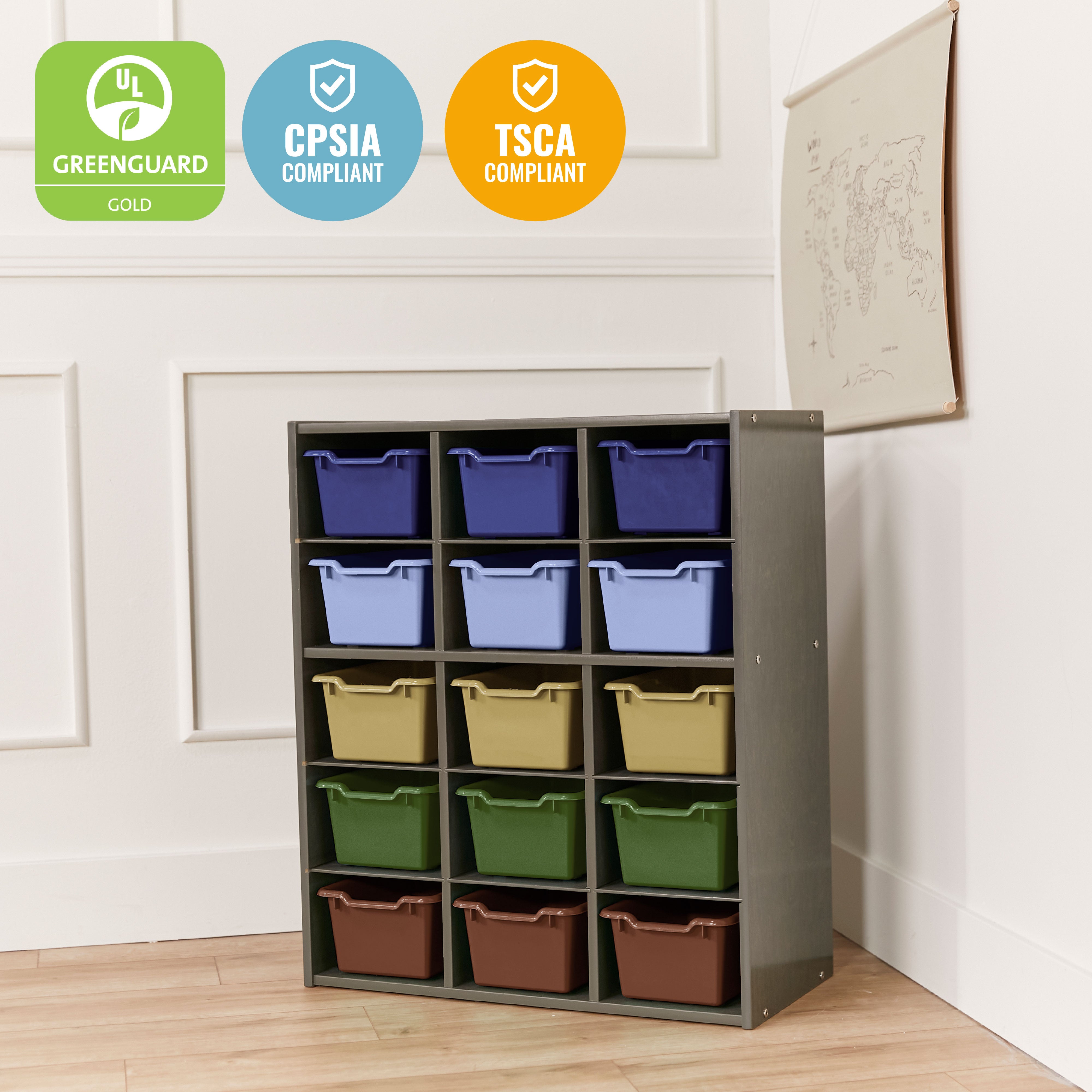 Streamline 15 Cubby Tray Cabinet with 15 Scoop Front Storage Bins, 5x3, Grey Wash