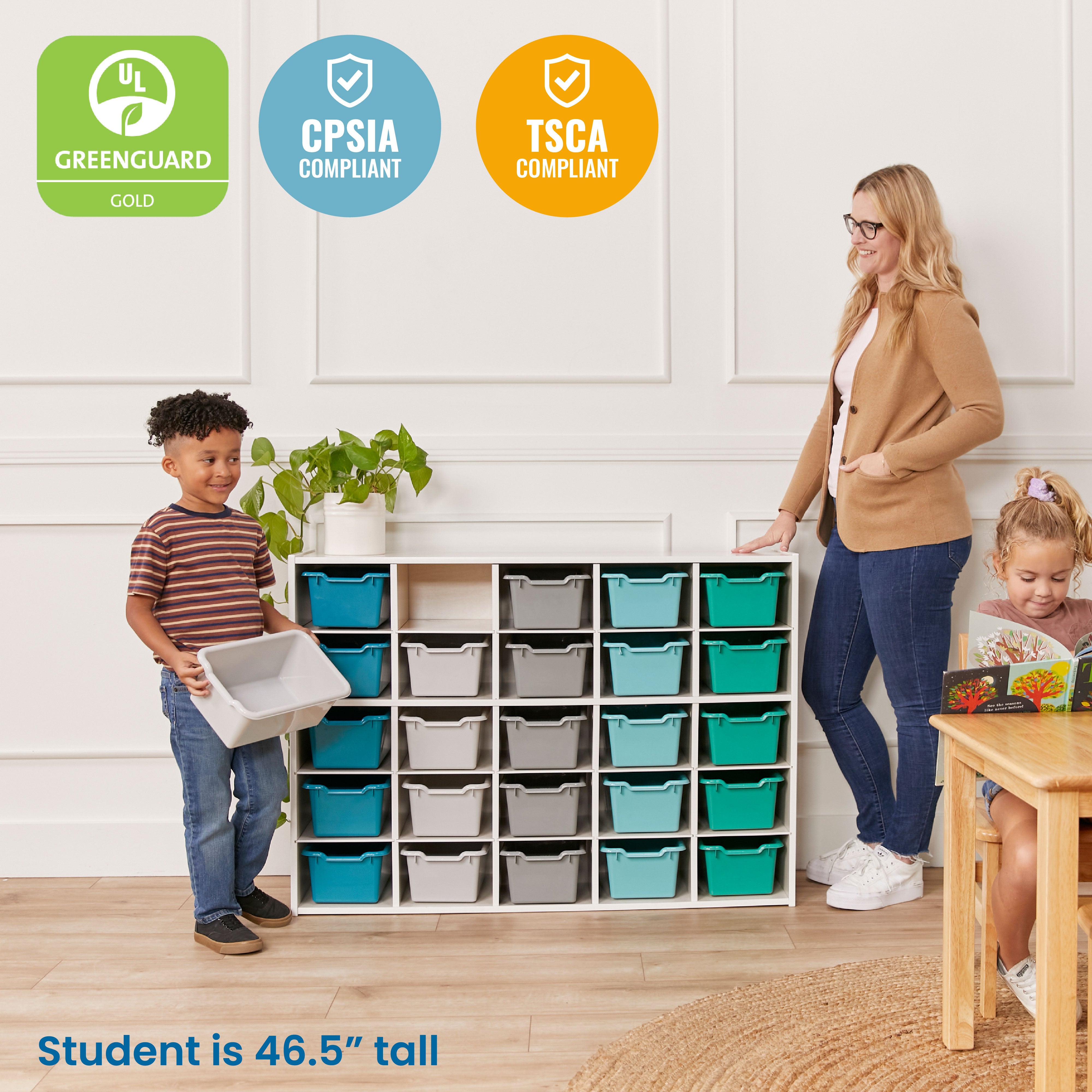 Streamline 25 Cubby Tray Cabinet with 25 Scoop Front Storage Bins, 5x5, White Wash