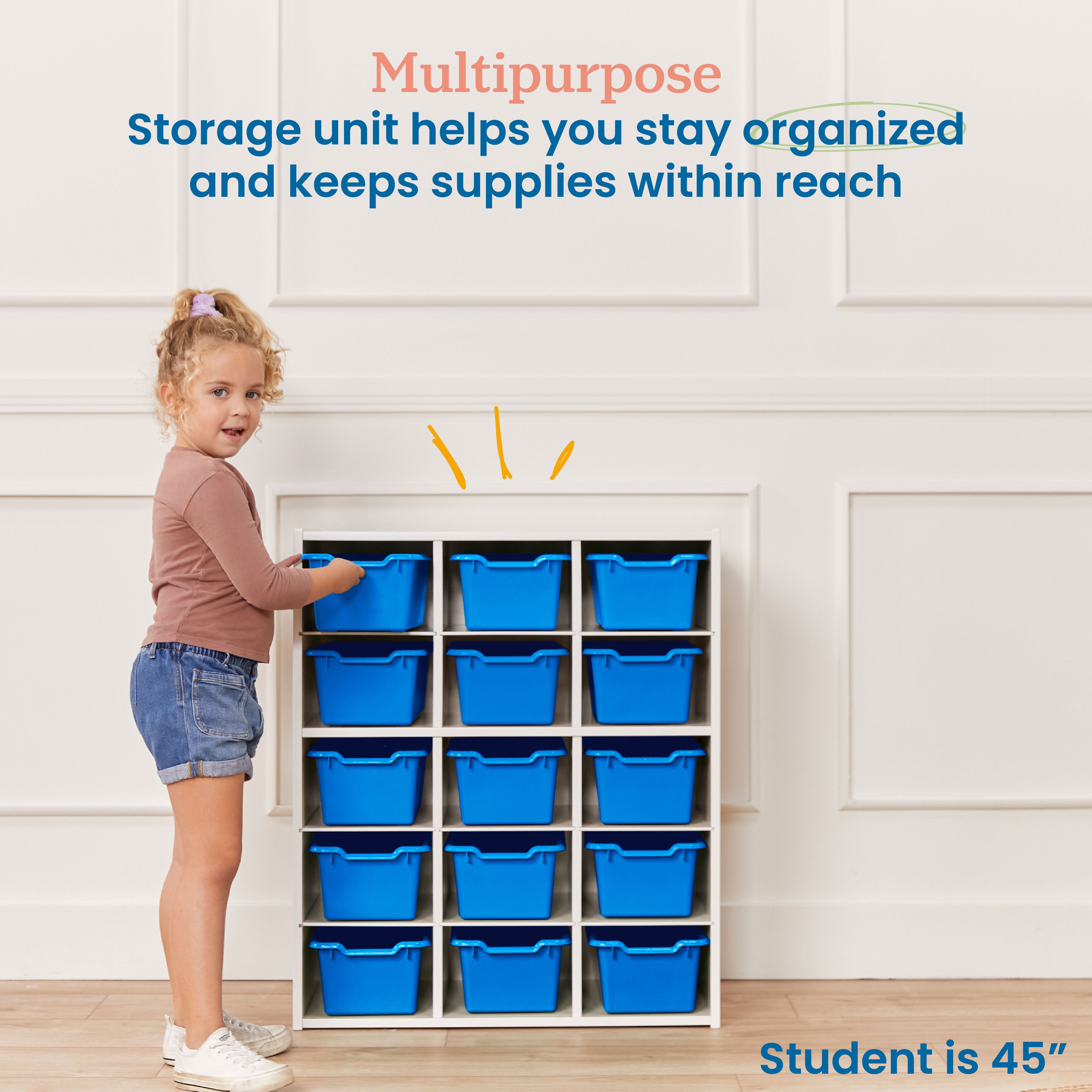 Streamline 15 Cubby Tray Cabinet with 15 Scoop Front Storage Bins, 5x3, White Wash