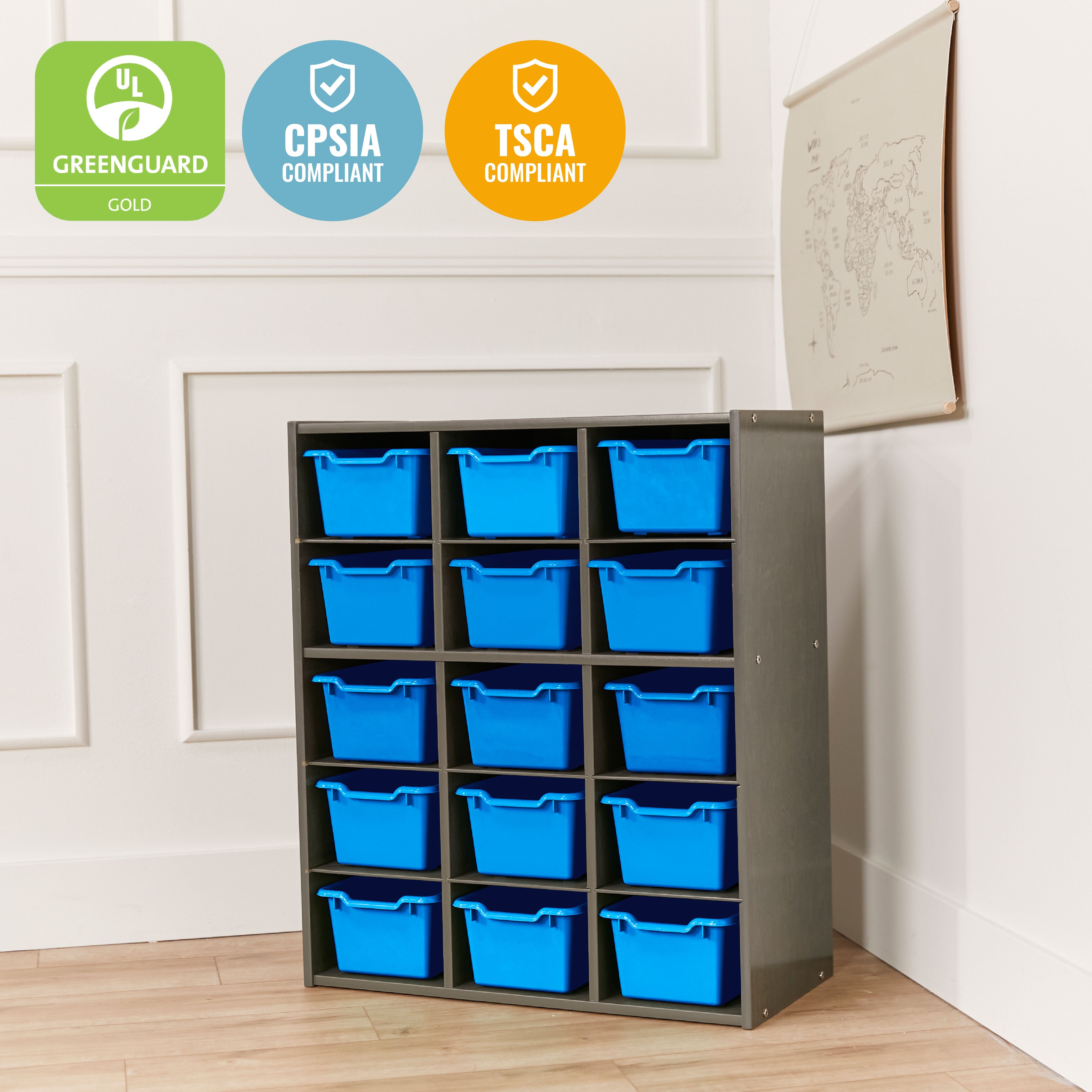 Streamline 15 Cubby Tray Cabinet with 15 Scoop Front Storage Bins, 5x3, Grey Wash