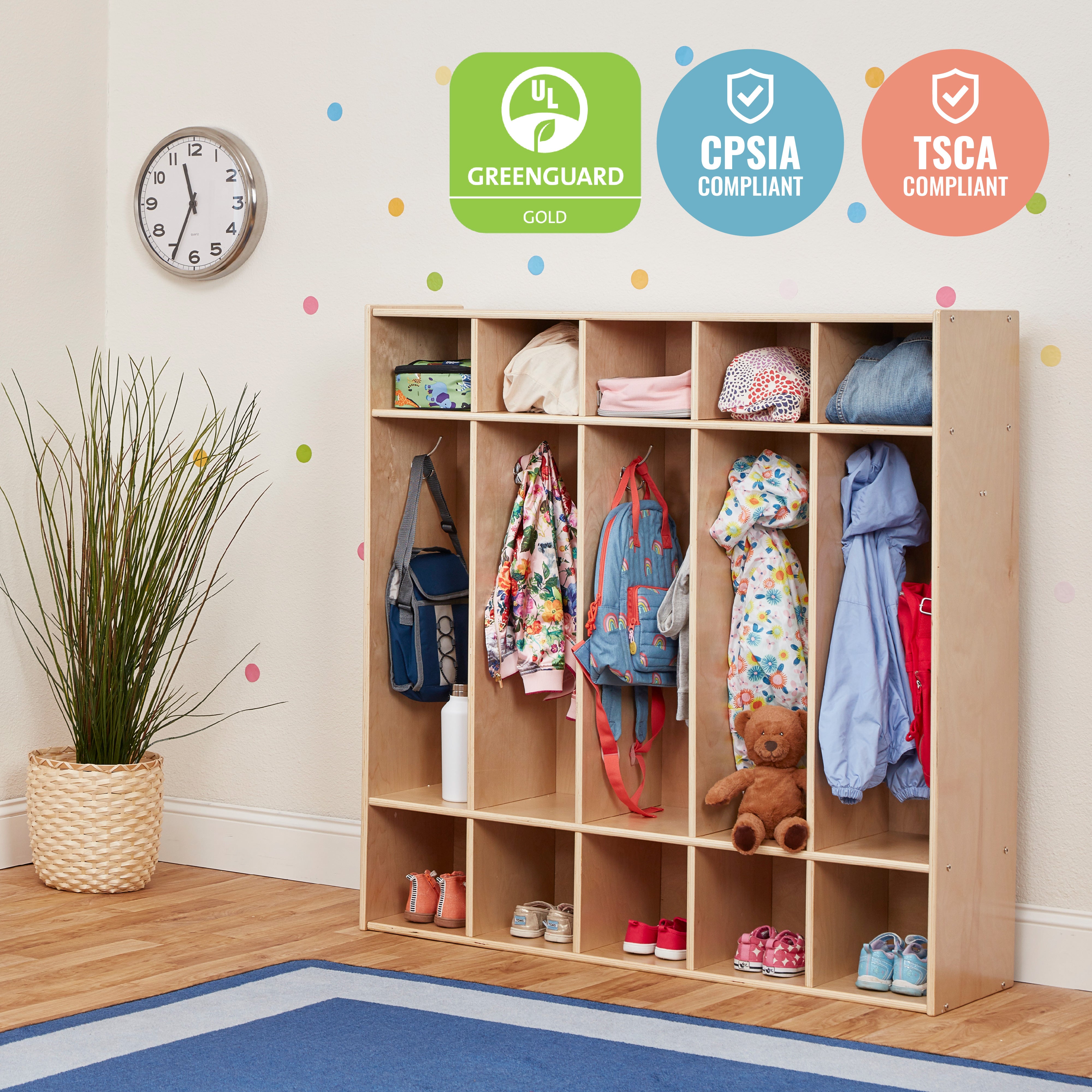 Streamline 5-Section Coat Locker with Scoop Front Storage Bins, Natural, Classroom Furniture