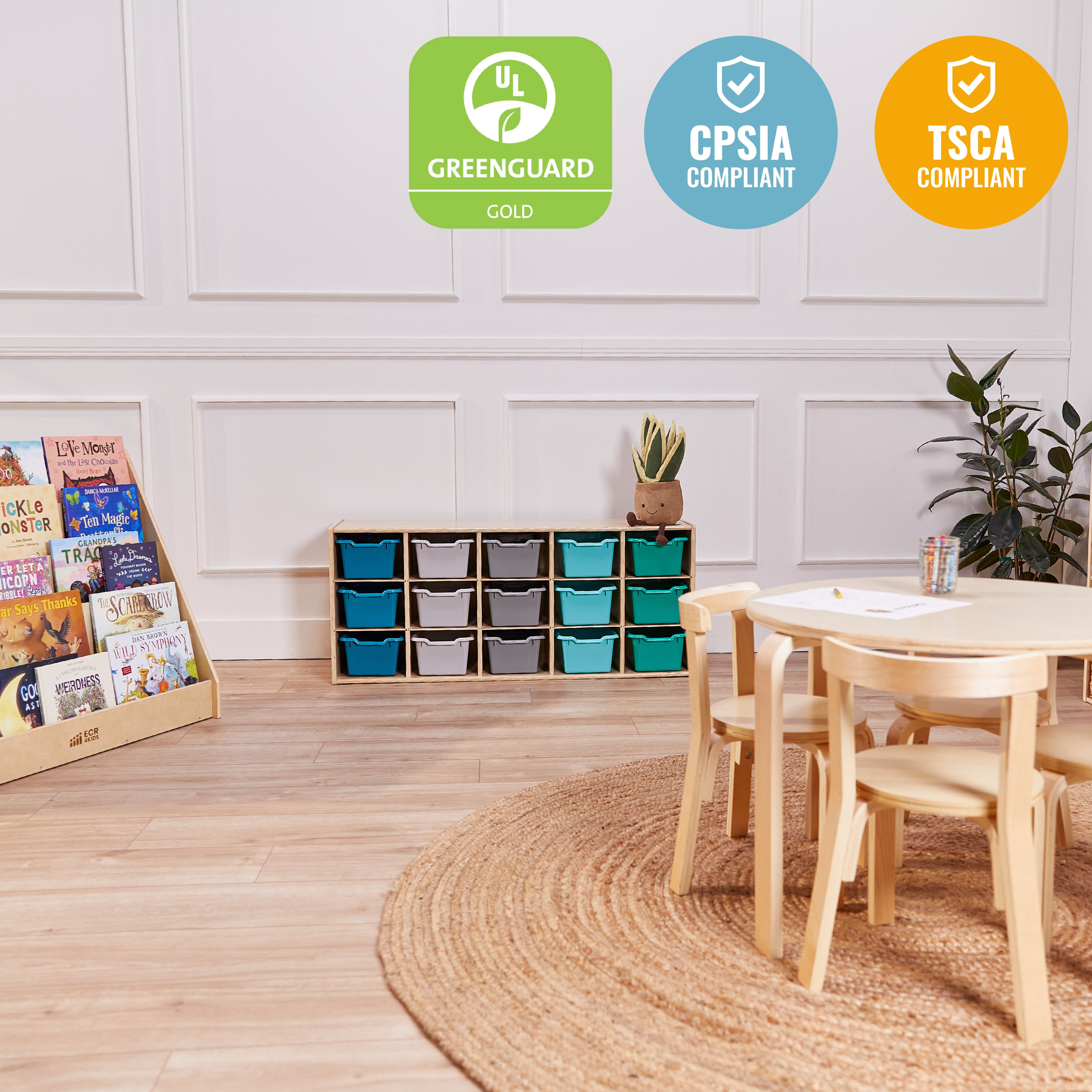 Streamline 15 Cubby Tray Cabinet with 15 Scoop Front Storage Bins, 3x5, Natural