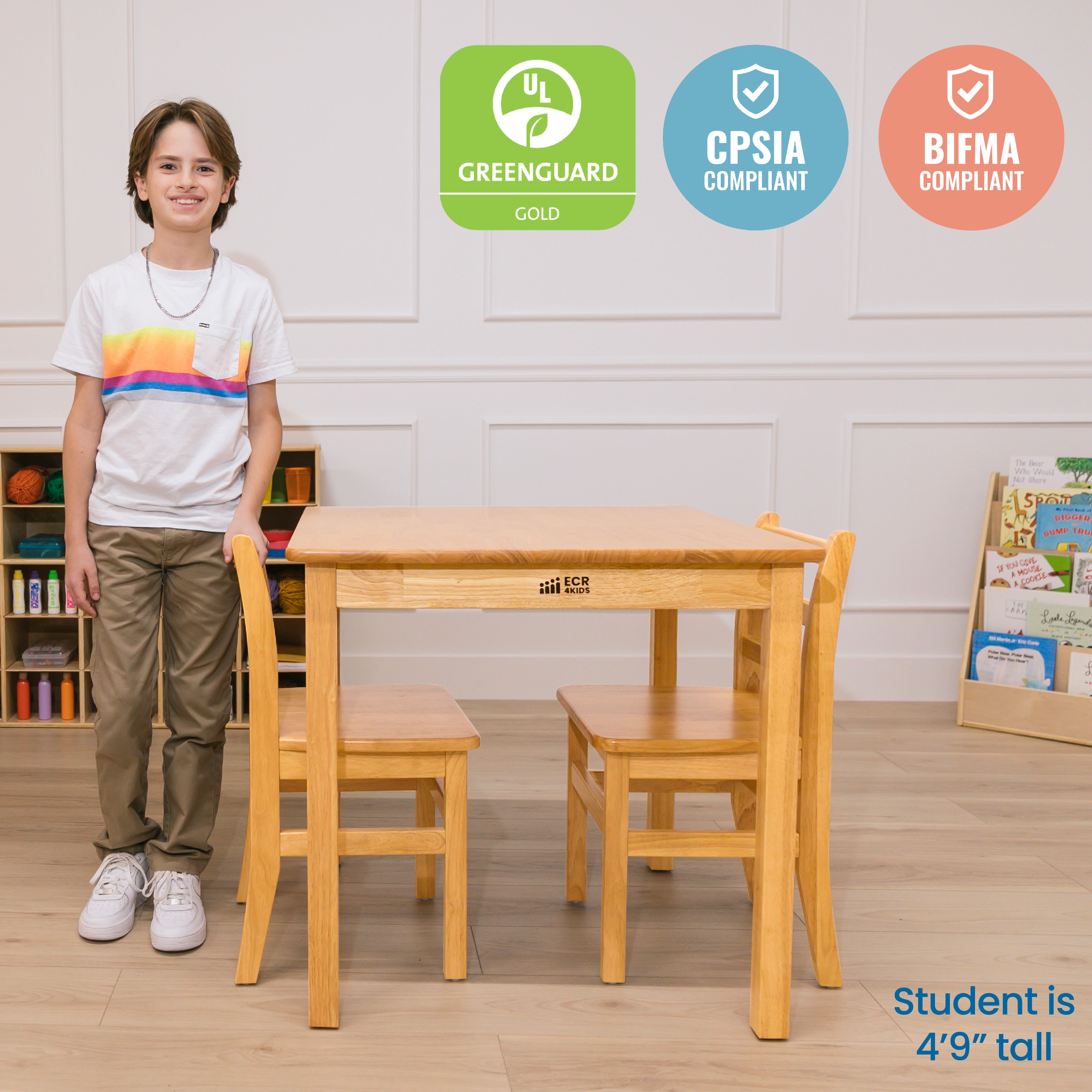 30in x 30in Square Hardwood Table with 28in Legs and Two 16in Chairs, Kids Furniture