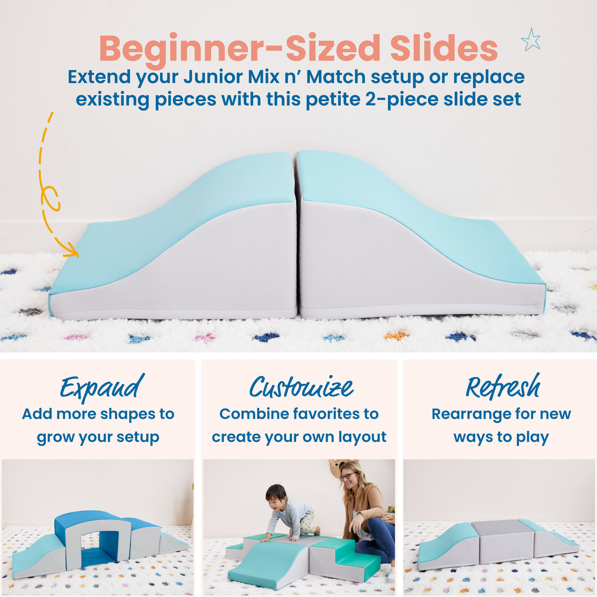 Toddler standing on turquoise and gray foam climbing wedges while adult guides them.