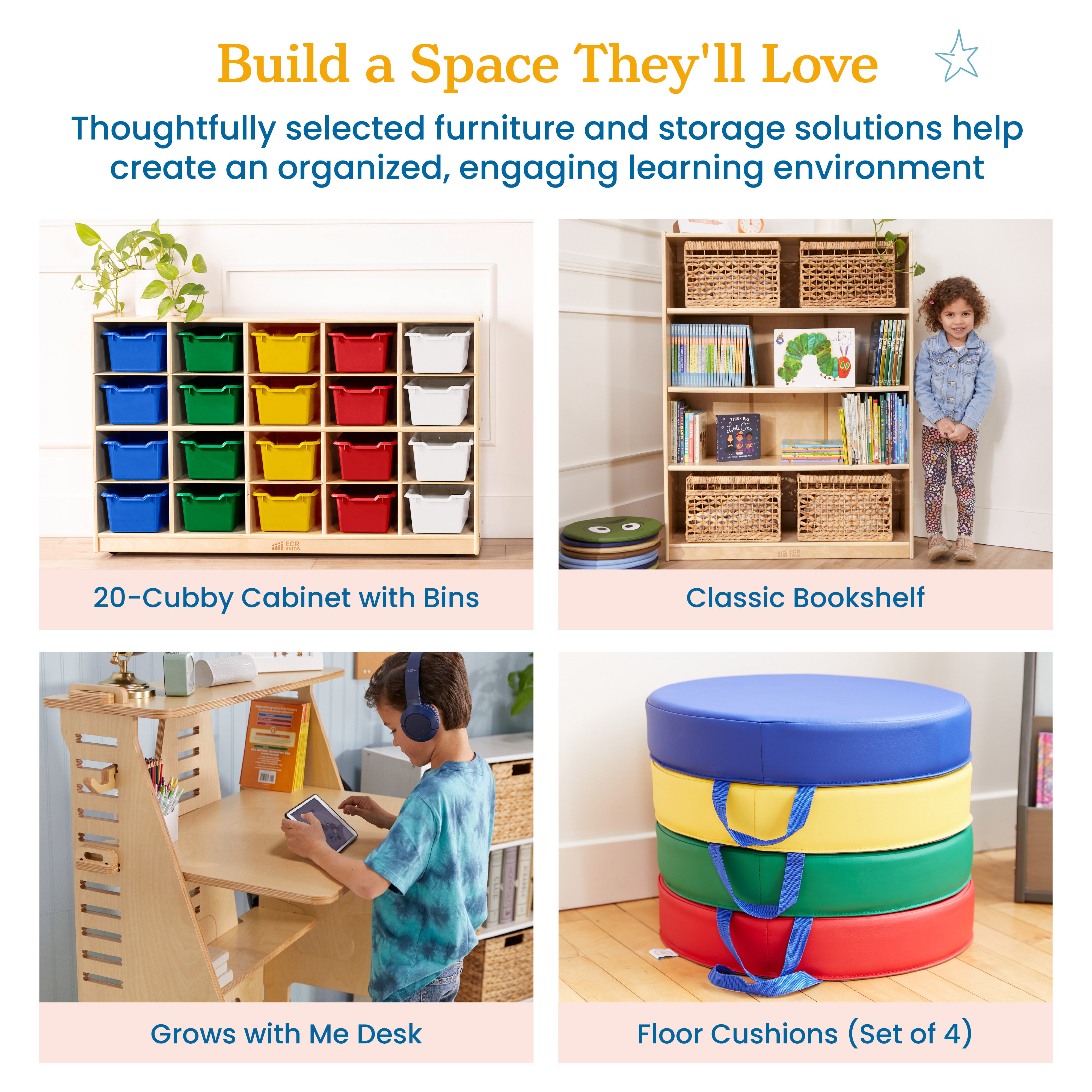 Home Learning Package with Adjustable Desk, Bookcase, Storage Cabinet with Bins and Floor Cushions