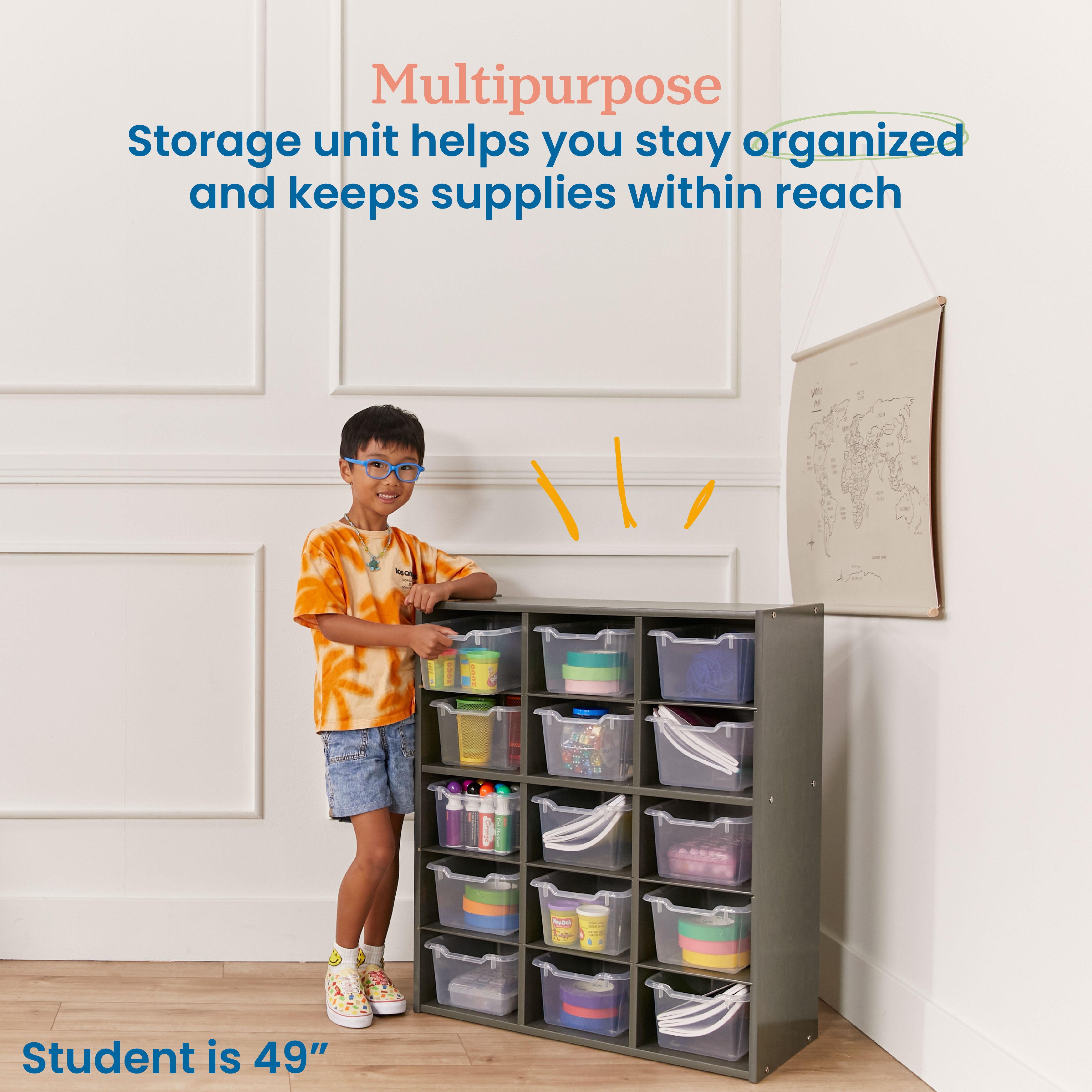 Streamline 15 Cubby Tray Cabinet with 15 Scoop Front Storage Bins, 5x3, Grey Wash