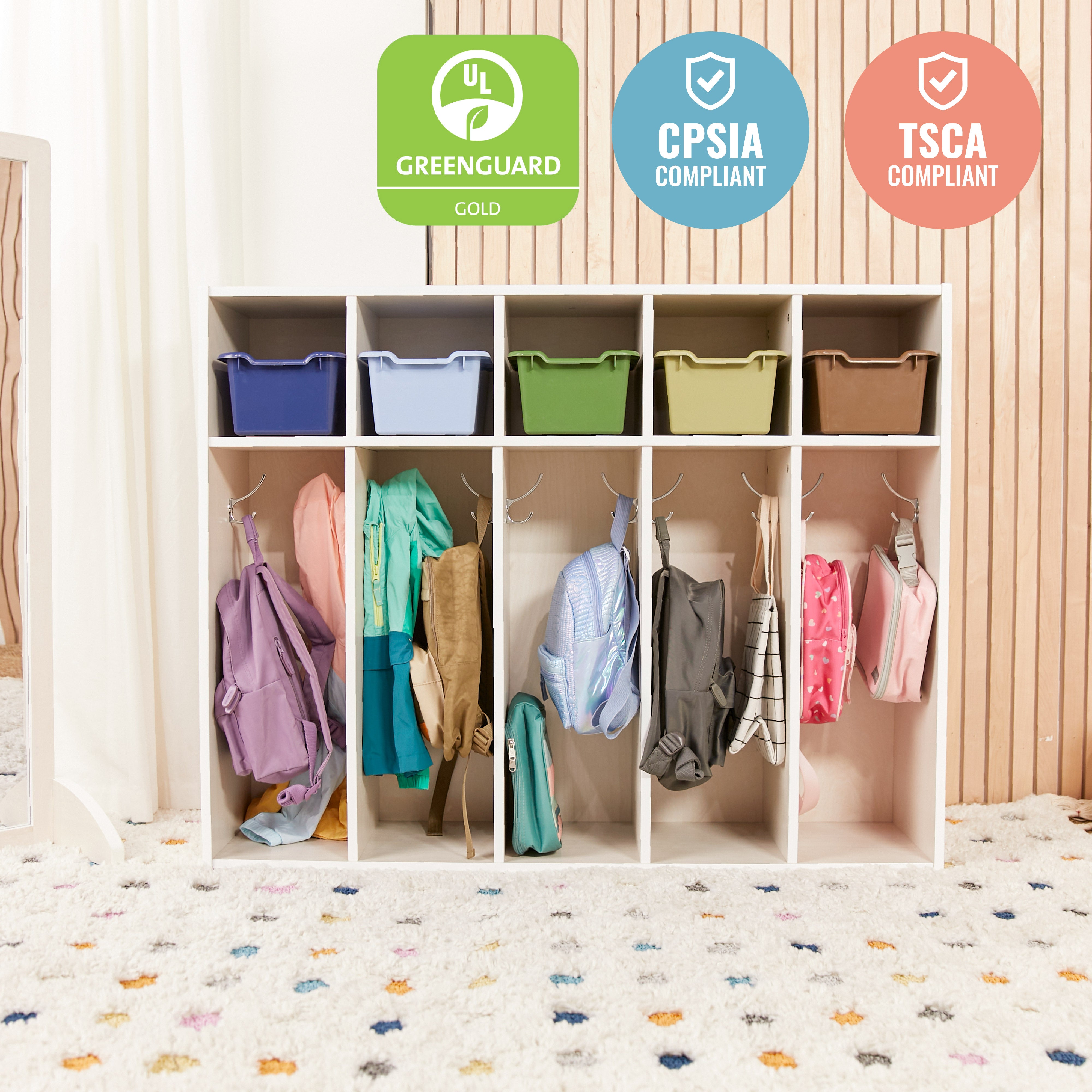 Streamline 5-Section Coat Locker with Scoop Front Storage Bins, Toddler Size, White Wash