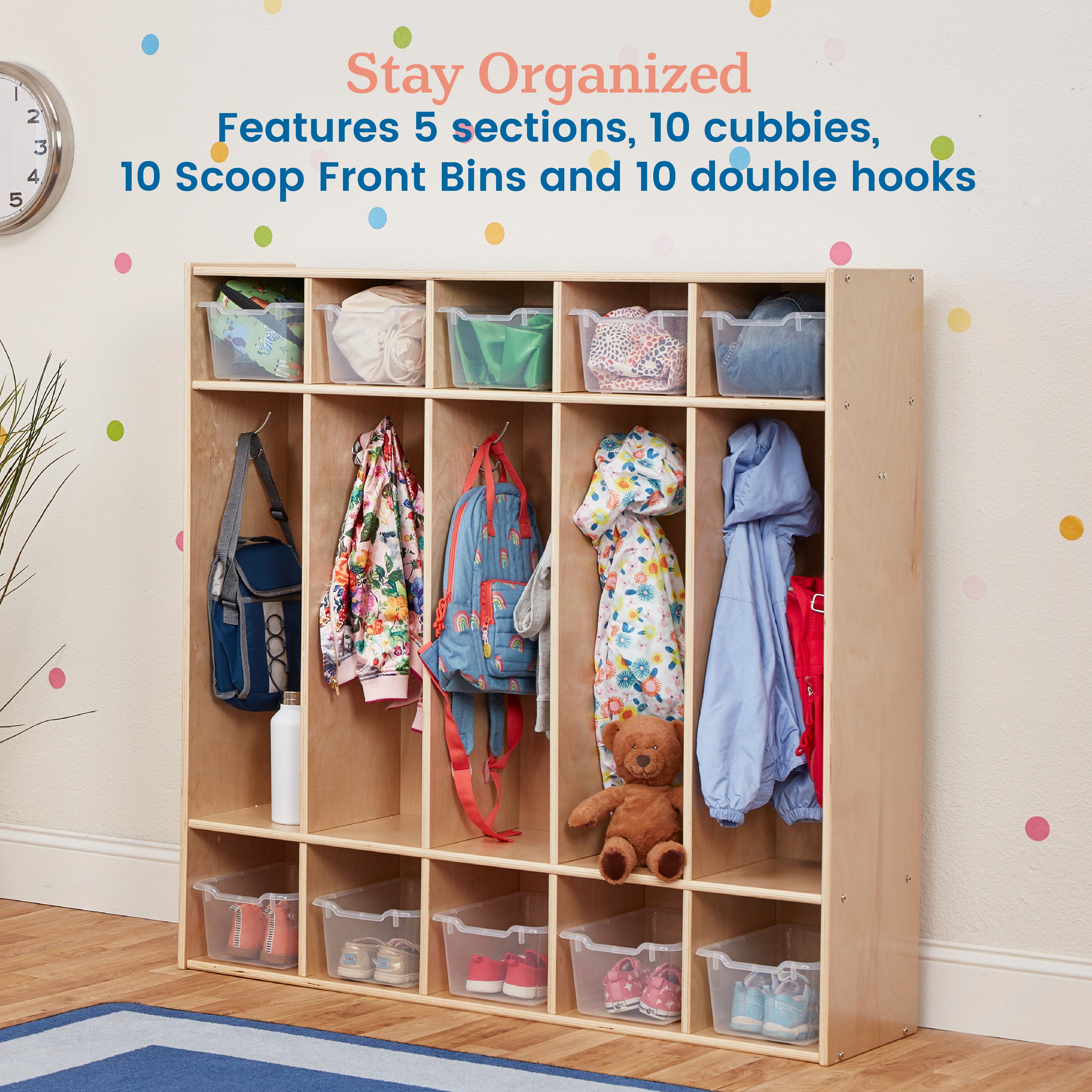 Streamline 5-Section Coat Locker with Scoop Front Storage Bins, Natural, Classroom Furniture