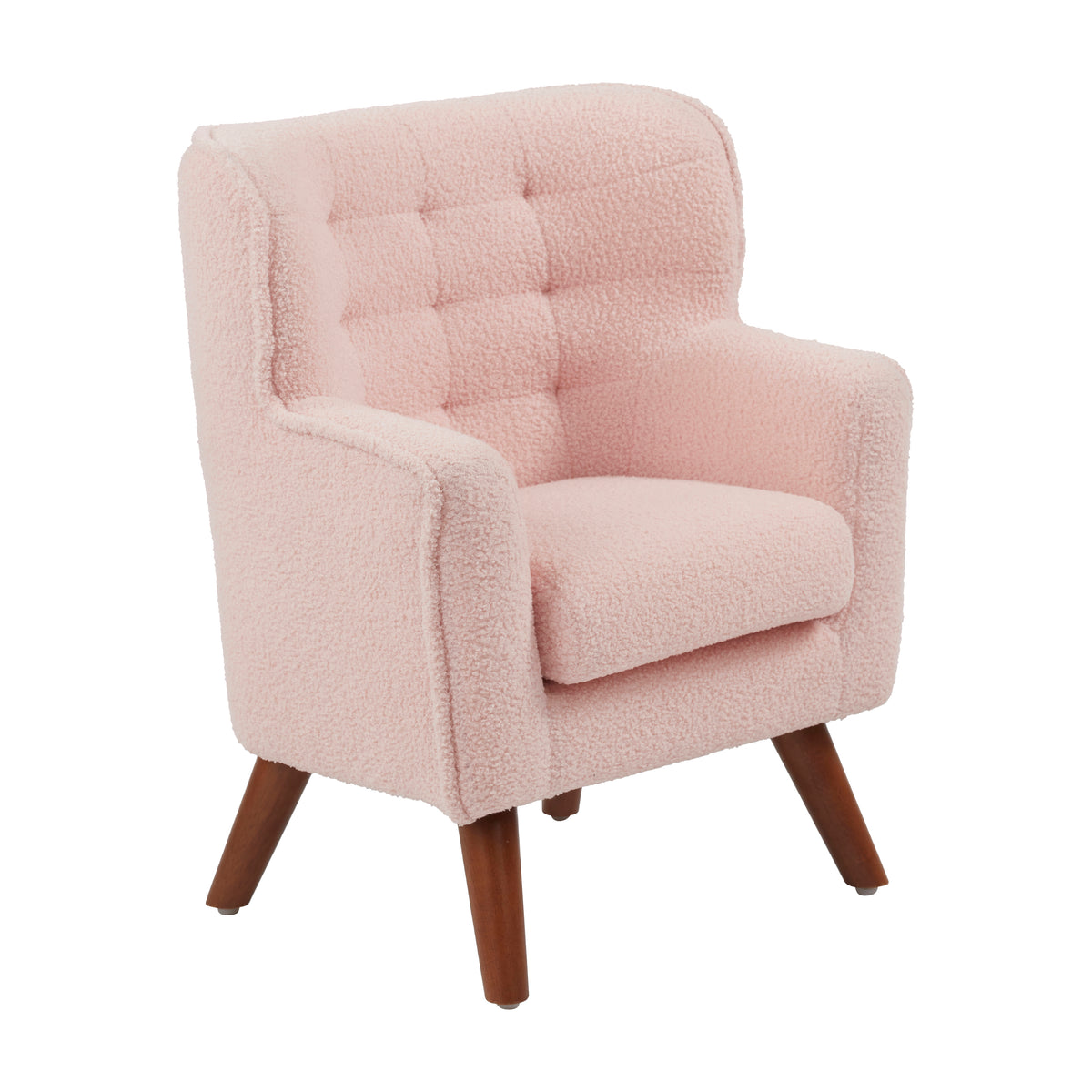 Gray sherpa toddler armchair with tufted back, padded seat, and brown wooden legs.
